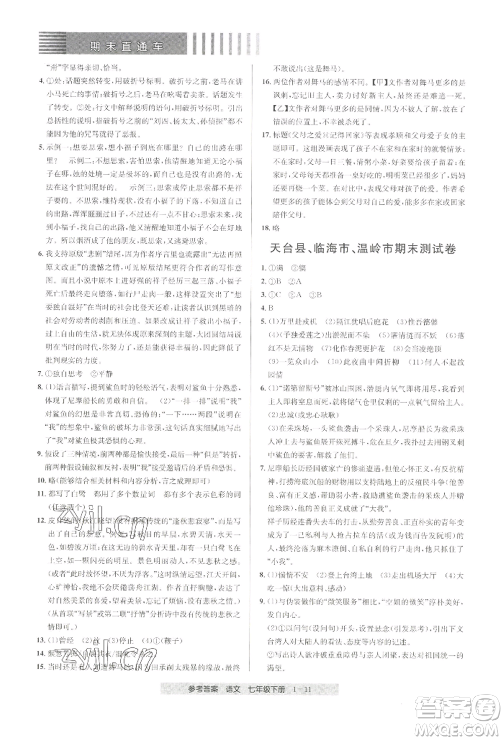 寧波出版社2022期末直通車七年級(jí)下冊(cè)語(yǔ)文人教版參考答案