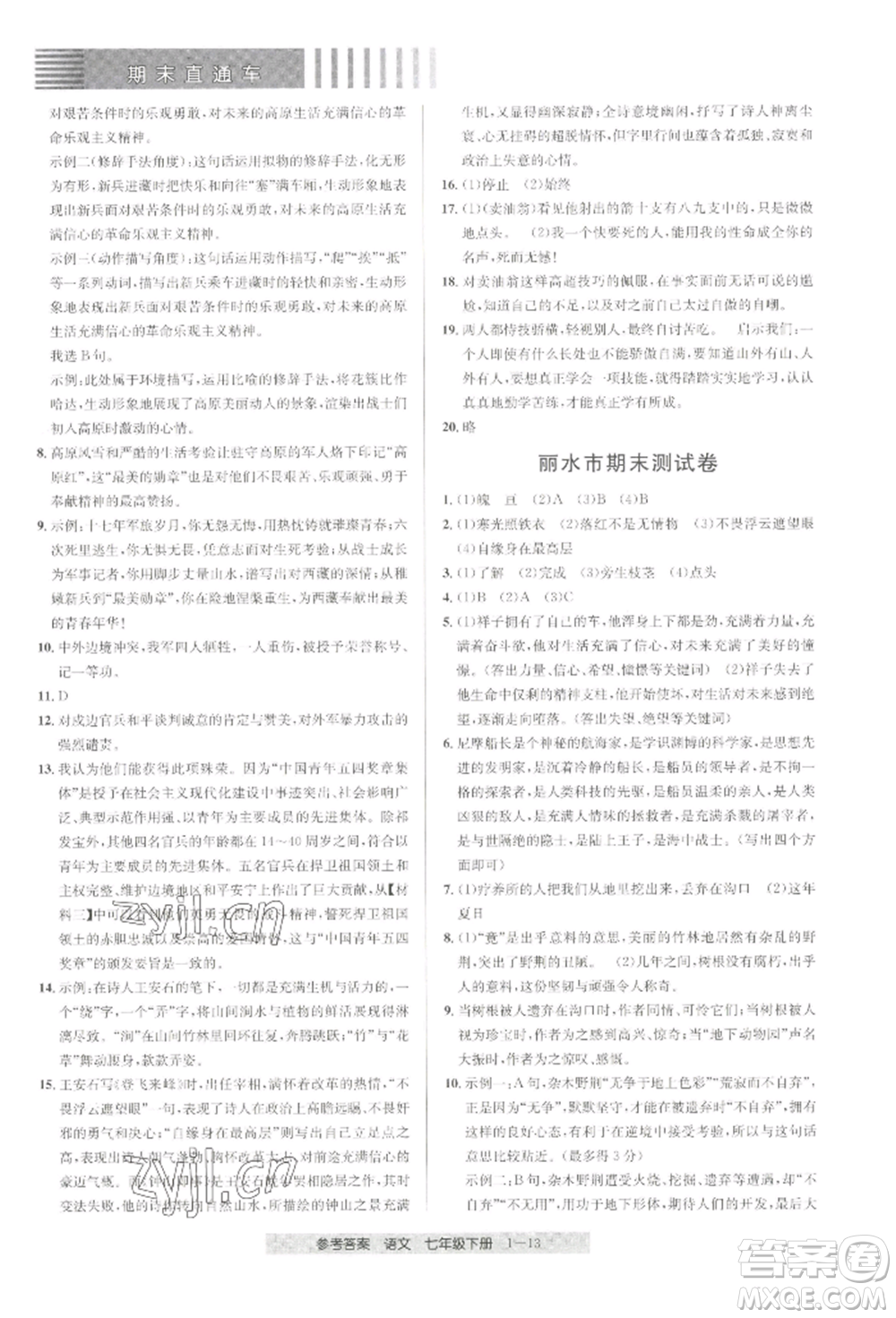 寧波出版社2022期末直通車七年級(jí)下冊(cè)語(yǔ)文人教版參考答案