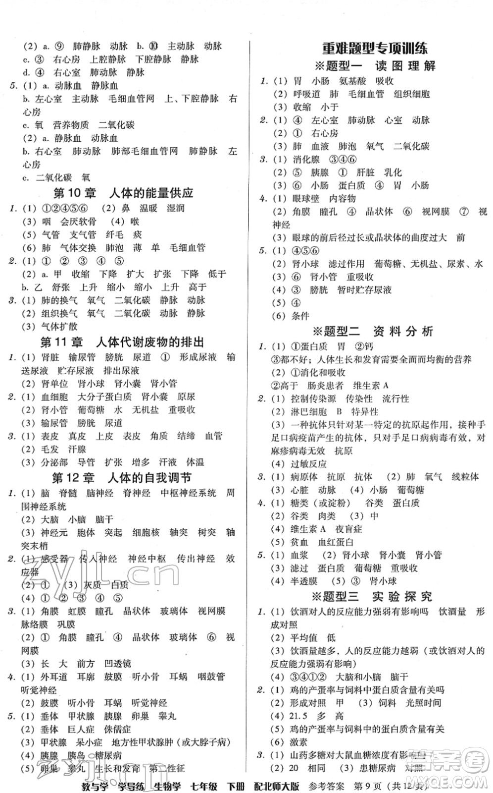 安徽人民出版社2022教與學學導練七年級生物下冊北師大版答案