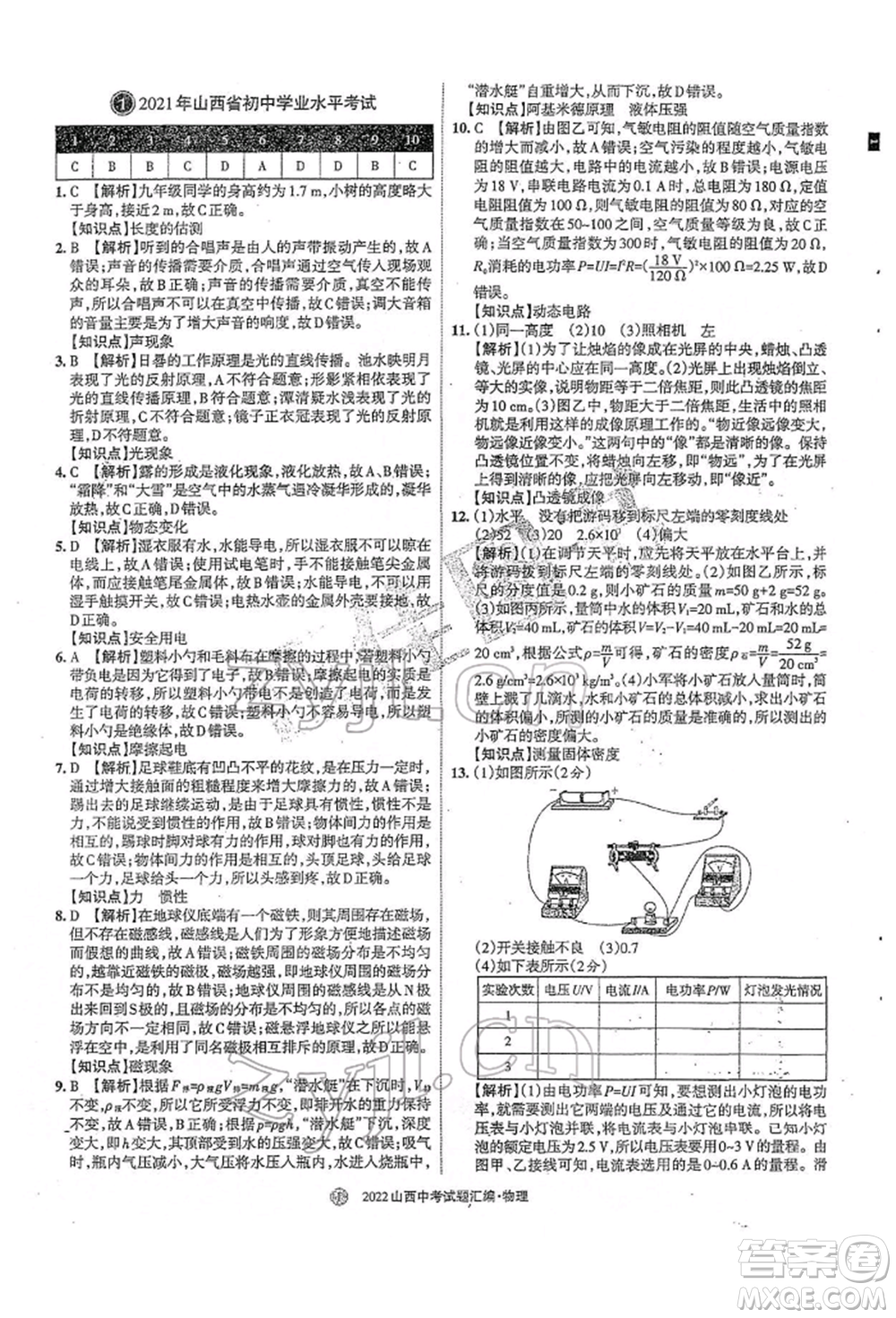 學習周報社2022山西中考試題匯編物理人教版參考答案