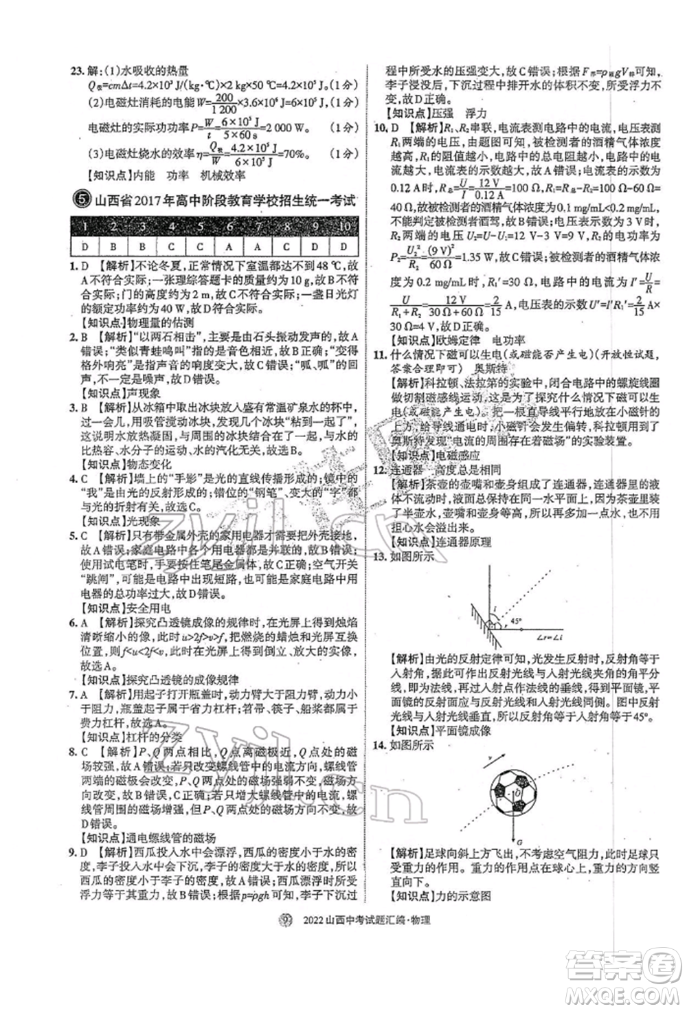 學習周報社2022山西中考試題匯編物理人教版參考答案