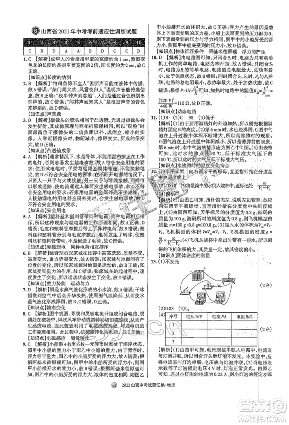 學習周報社2022山西中考試題匯編物理人教版參考答案