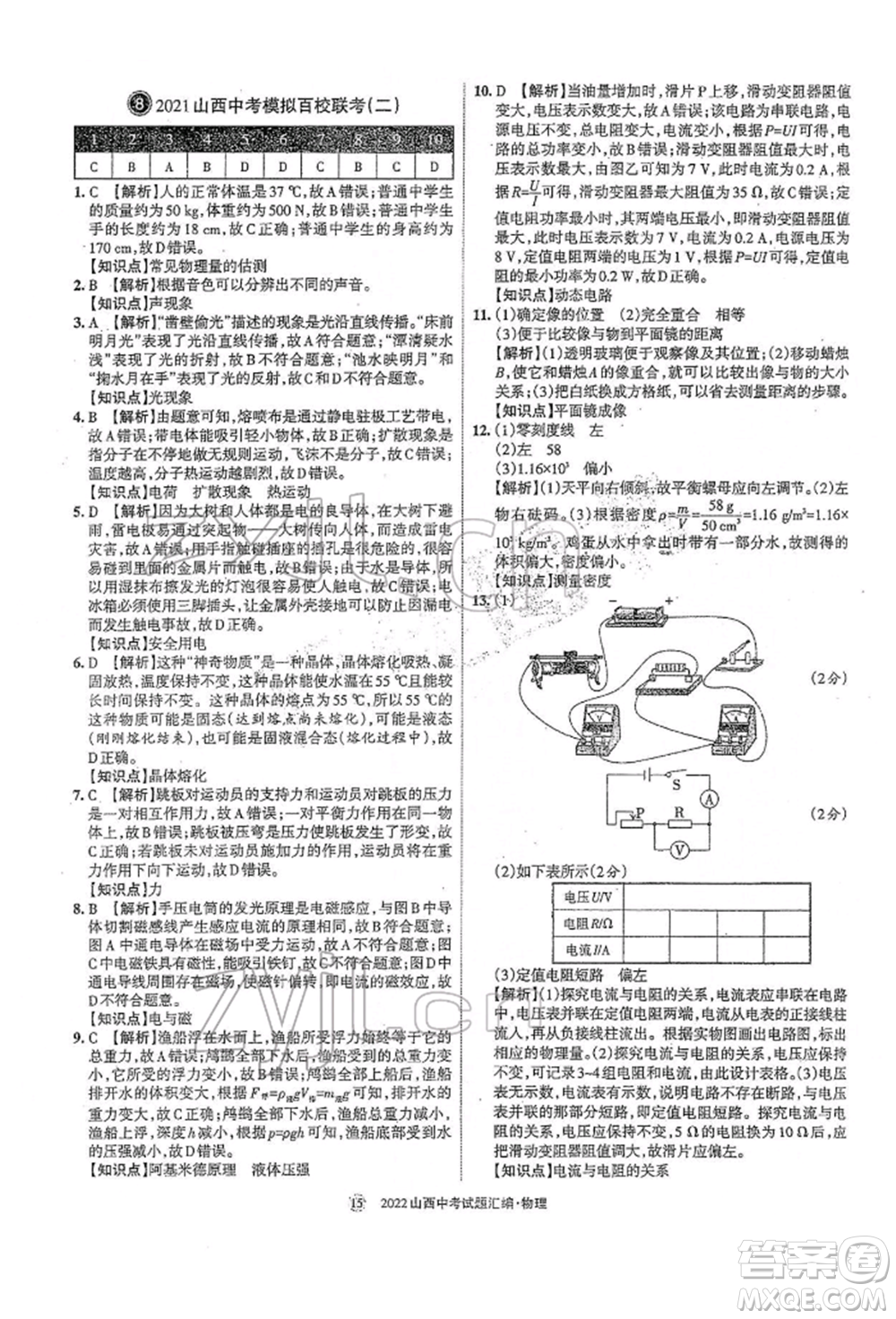 學習周報社2022山西中考試題匯編物理人教版參考答案