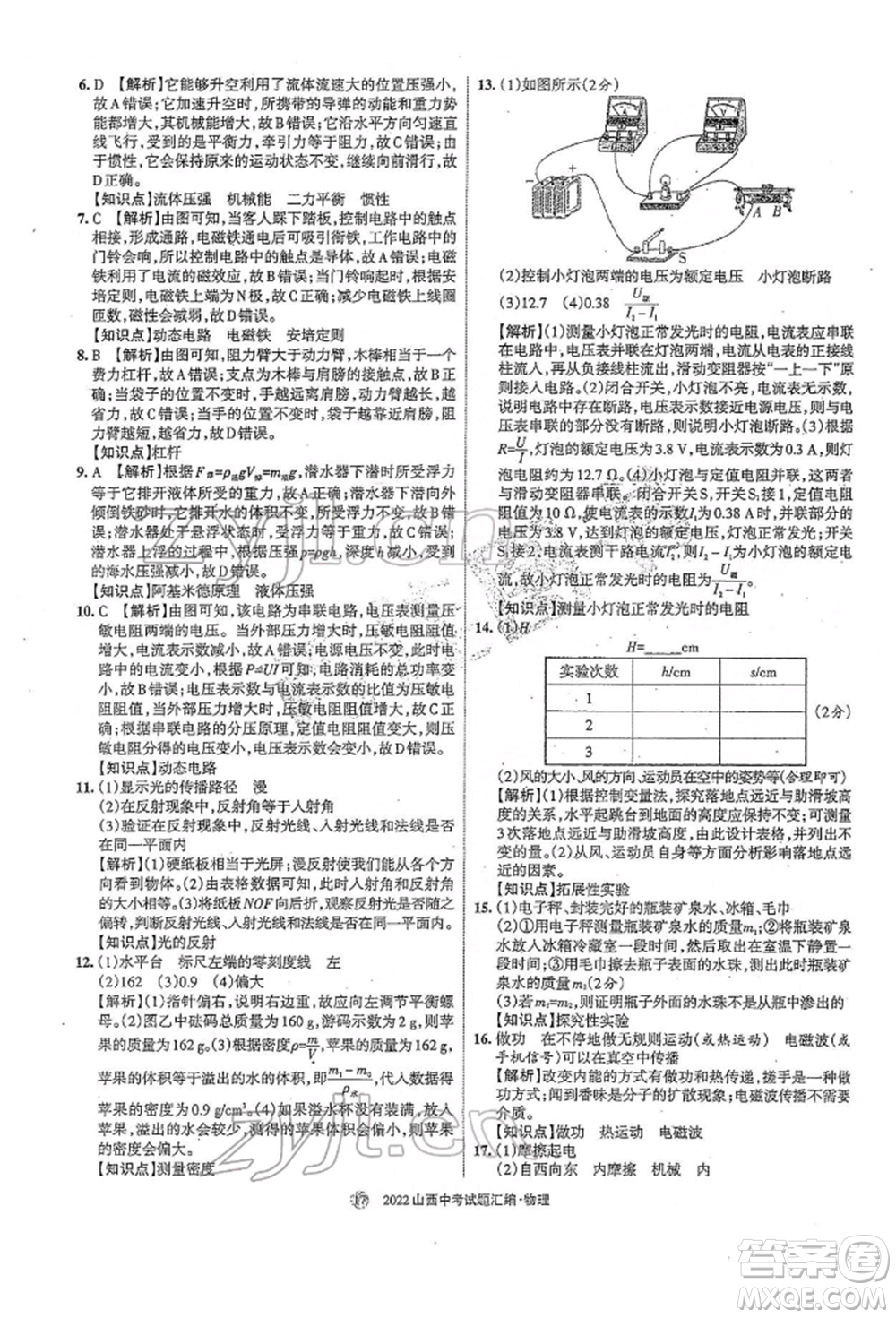 學習周報社2022山西中考試題匯編物理人教版參考答案