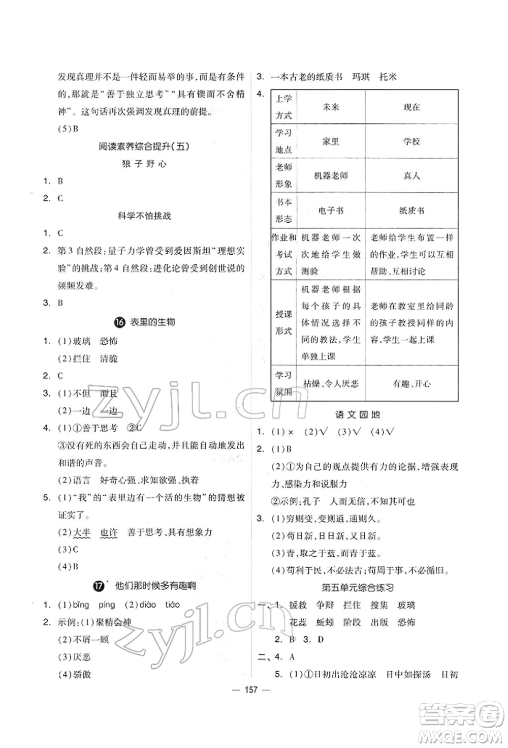 山東科學(xué)技術(shù)出版社2022新思維伴你學(xué)單元達(dá)標(biāo)測(cè)試卷六年級(jí)下冊(cè)語(yǔ)文人教版參考答案