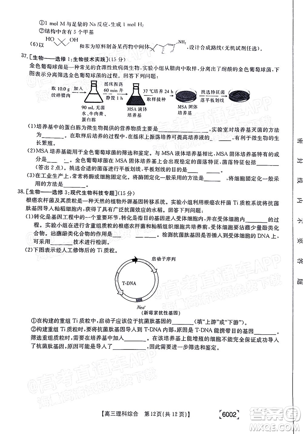 2022年金太陽(yáng)高三聯(lián)考6002C理科綜合試題及答案