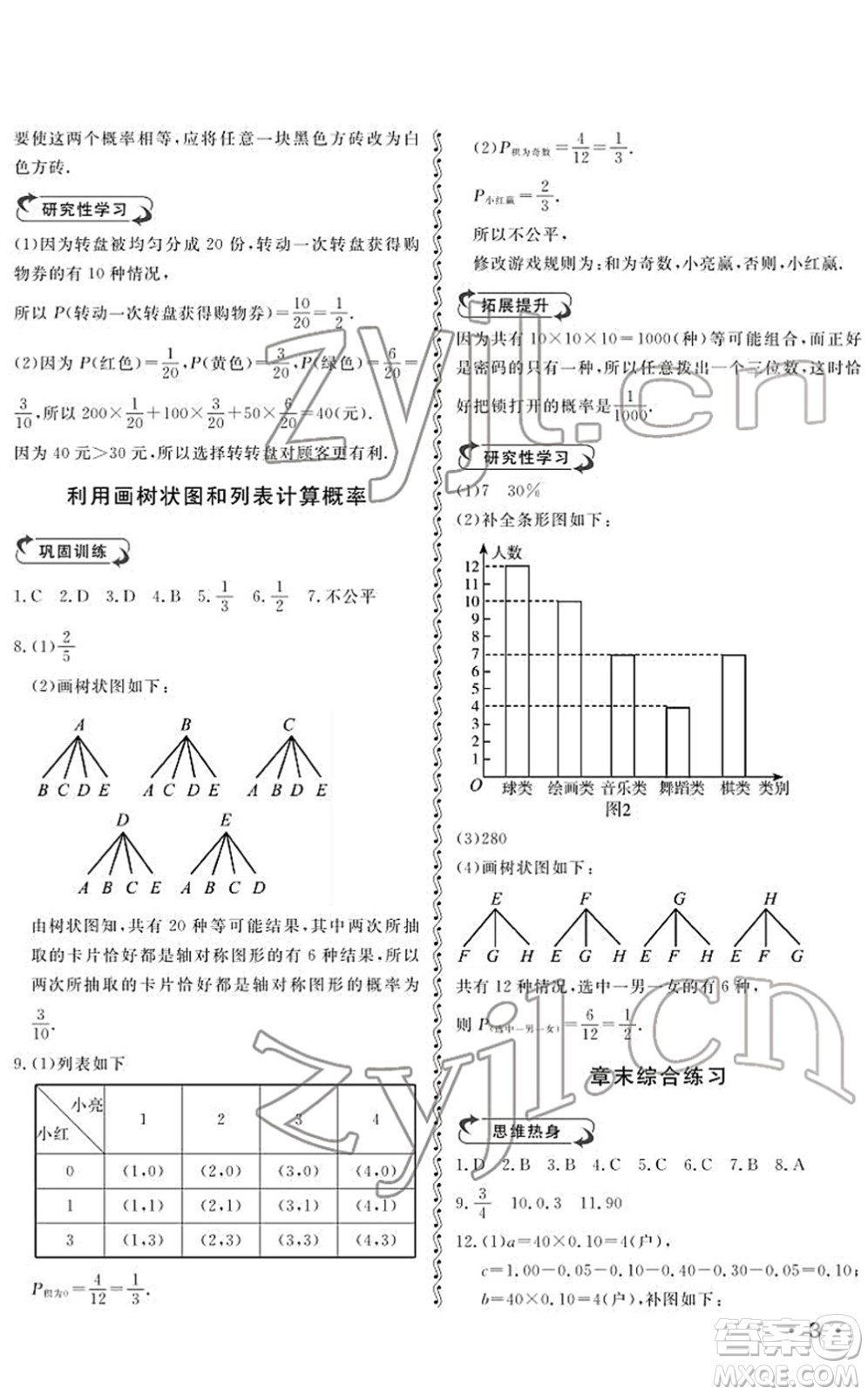 山東人民出版社2022初中卷行知天下九年級(jí)數(shù)學(xué)下冊(cè)青島版答案