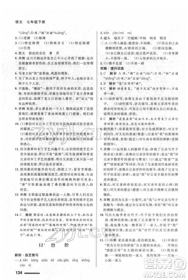 甘肅少年兒童出版社2022配套綜合練習(xí)語文七年級(jí)下冊(cè)人教版答案