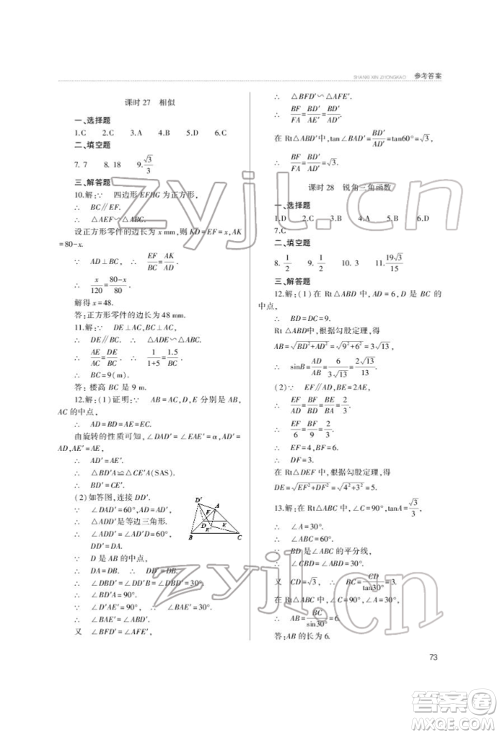 山西教育出版社2022山西新中考復(fù)習指導(dǎo)與優(yōu)化訓(xùn)練數(shù)學(xué)通用版參考答案