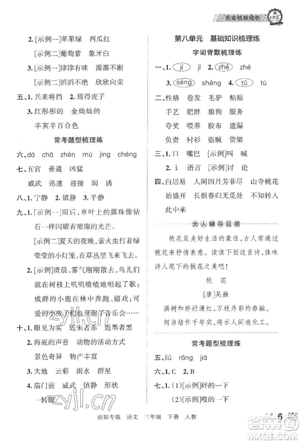 江西人民出版社2022王朝霞期末真題精編三年級下冊語文人教版南陽專版參考答案