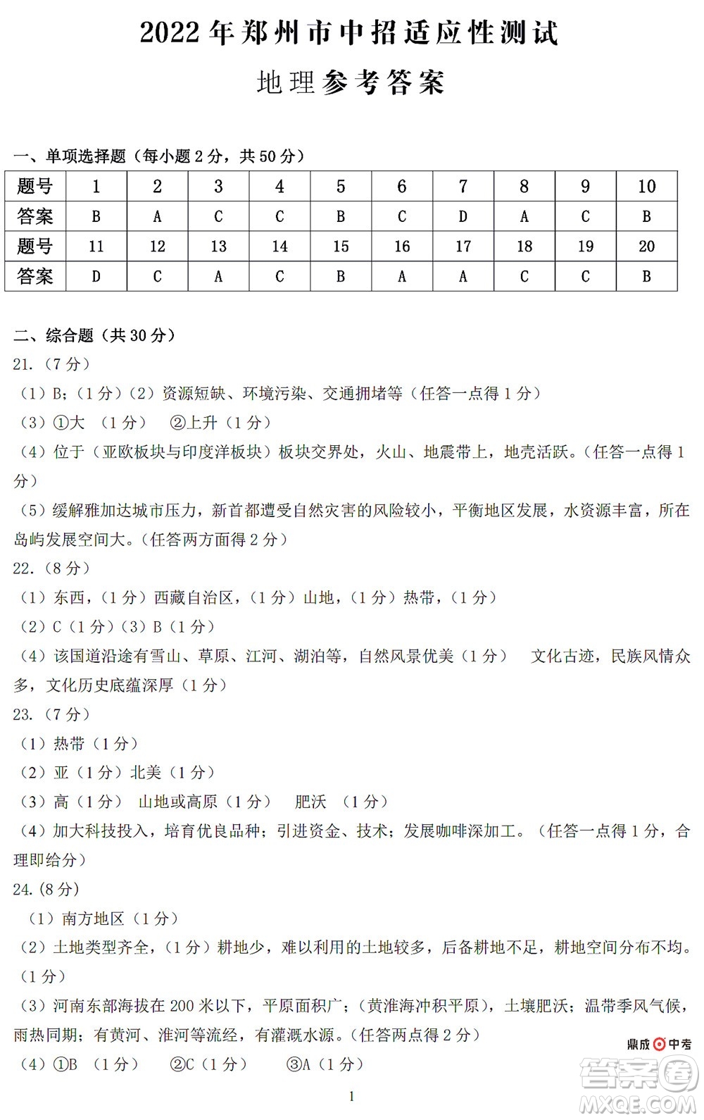 2022年鄭州市中招適應(yīng)性測試地理試卷及答案