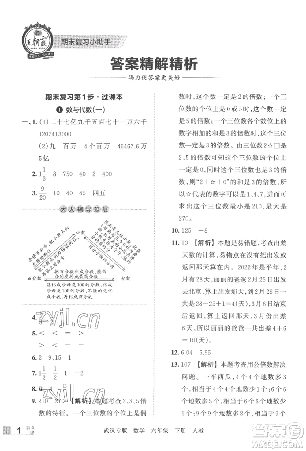 江西人民出版社2022王朝霞期末真題精編六年級下冊數(shù)學(xué)人教版武漢專版參考答案