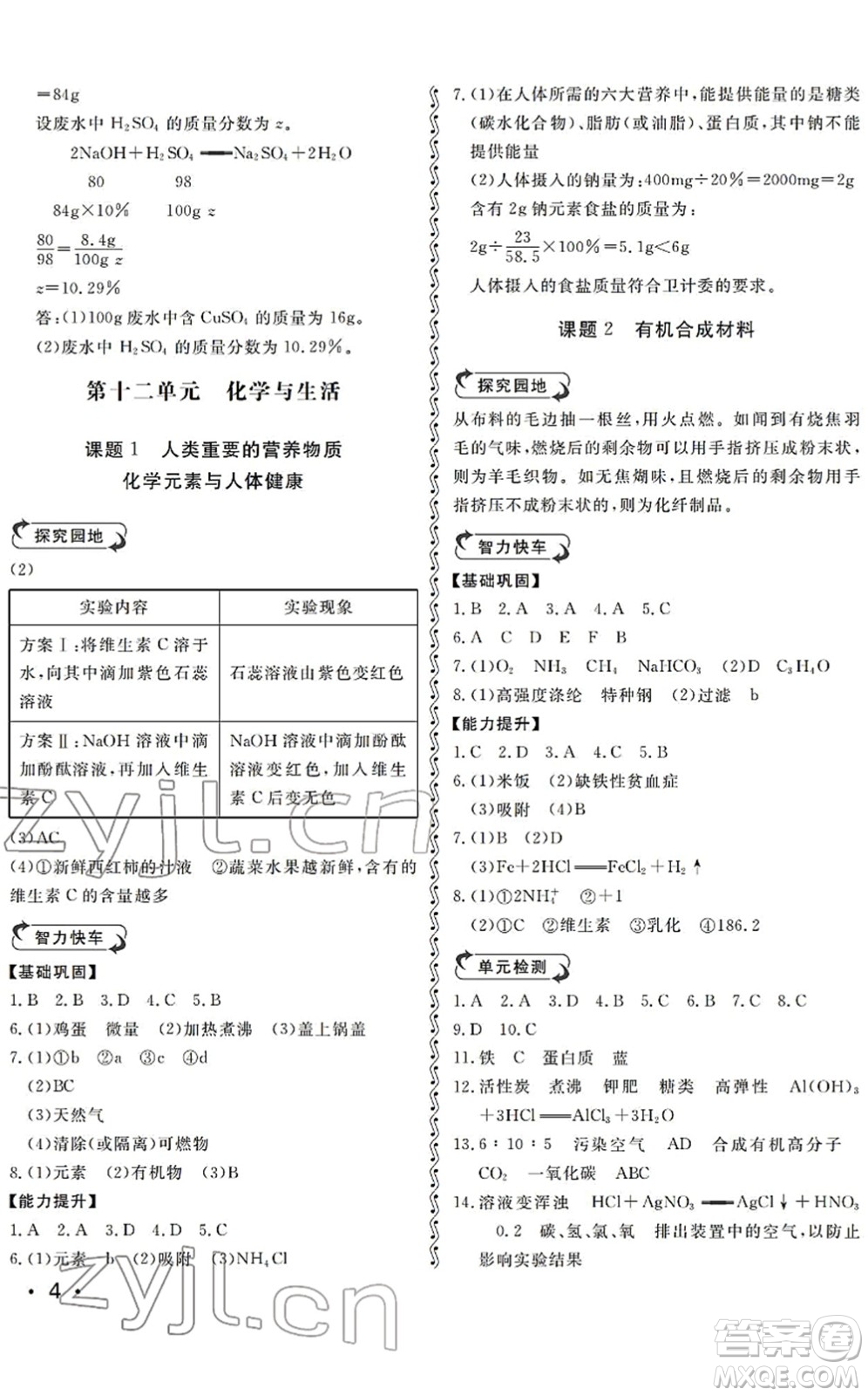 山東人民出版社2022初中卷行知天下九年級(jí)化學(xué)下冊(cè)人教版答案