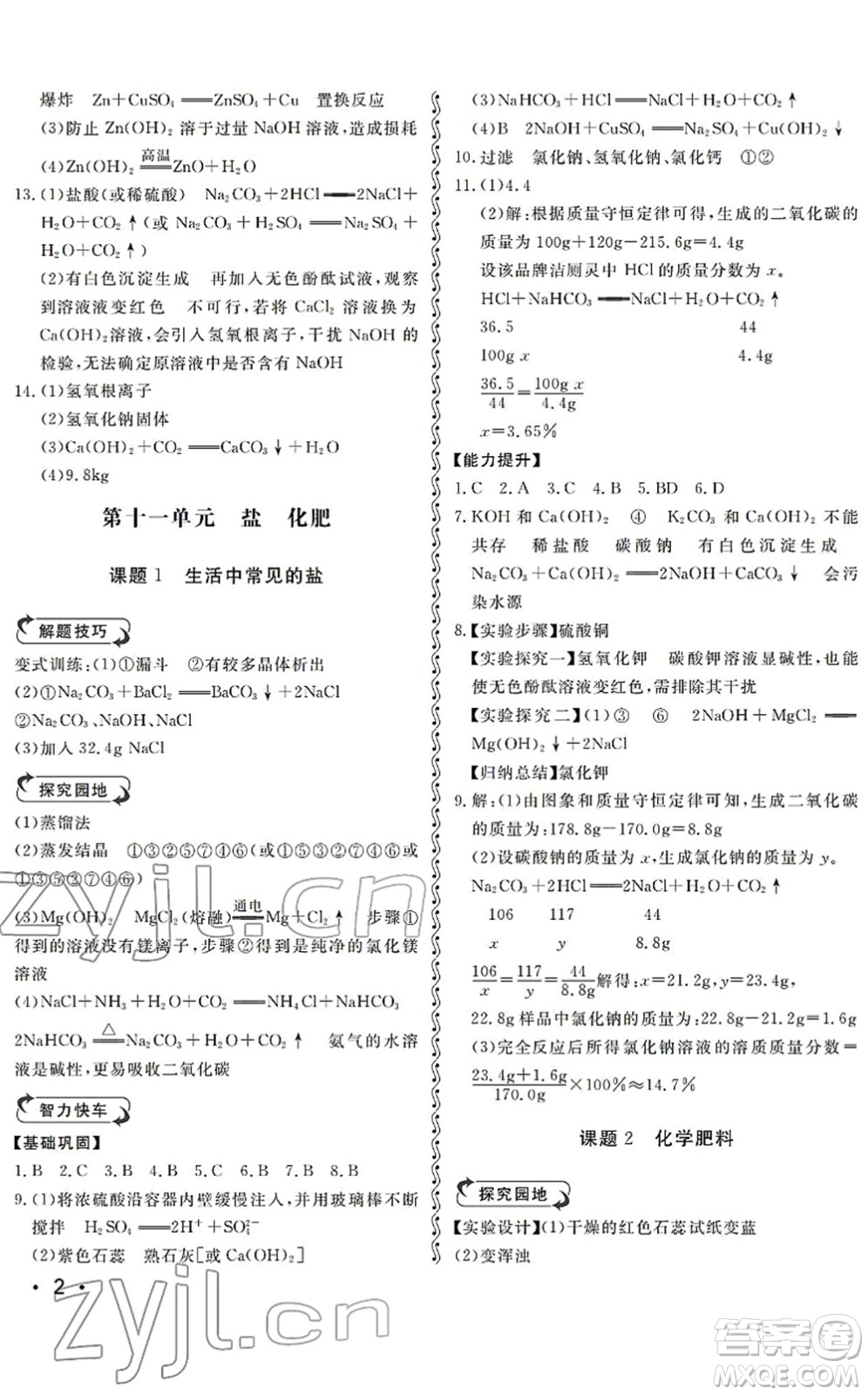 山東人民出版社2022初中卷行知天下九年級(jí)化學(xué)下冊(cè)人教版答案