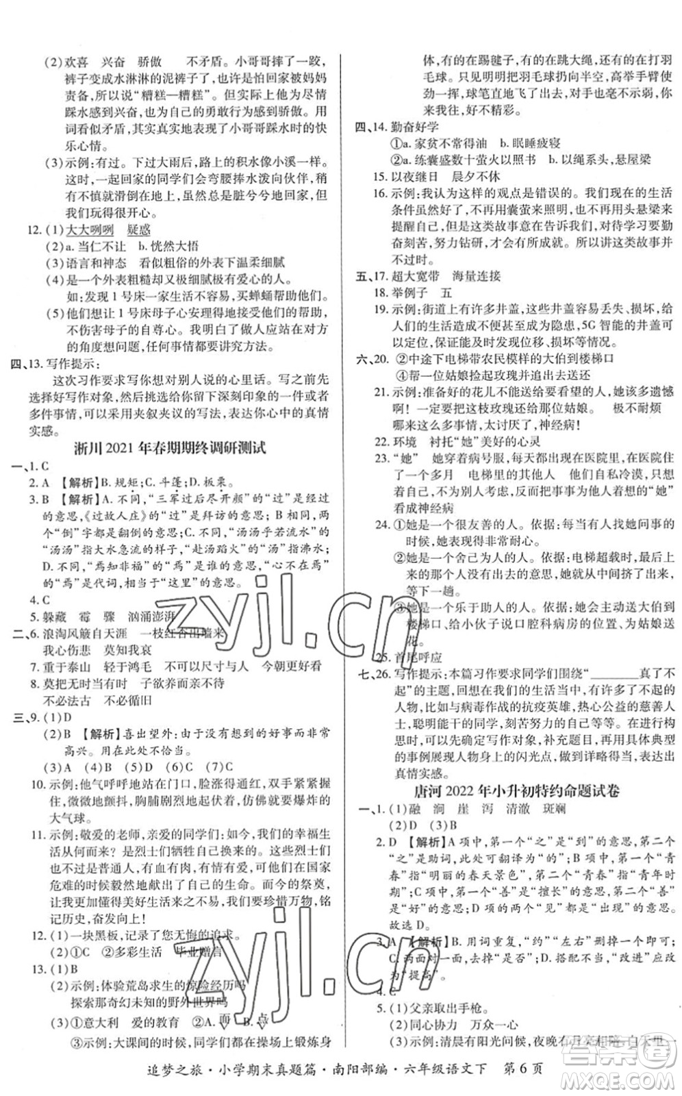 天津科學(xué)技術(shù)出版社2022追夢之旅小學(xué)期末真題篇六年級語文下冊RJ人教版南陽專版答案