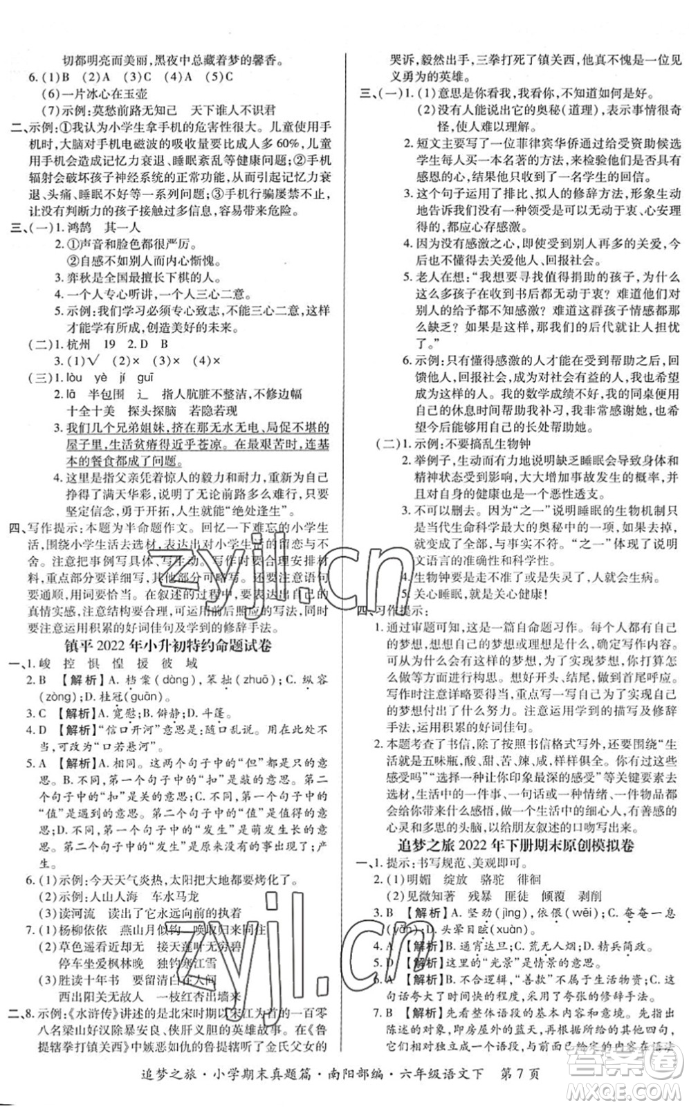 天津科學(xué)技術(shù)出版社2022追夢之旅小學(xué)期末真題篇六年級語文下冊RJ人教版南陽專版答案