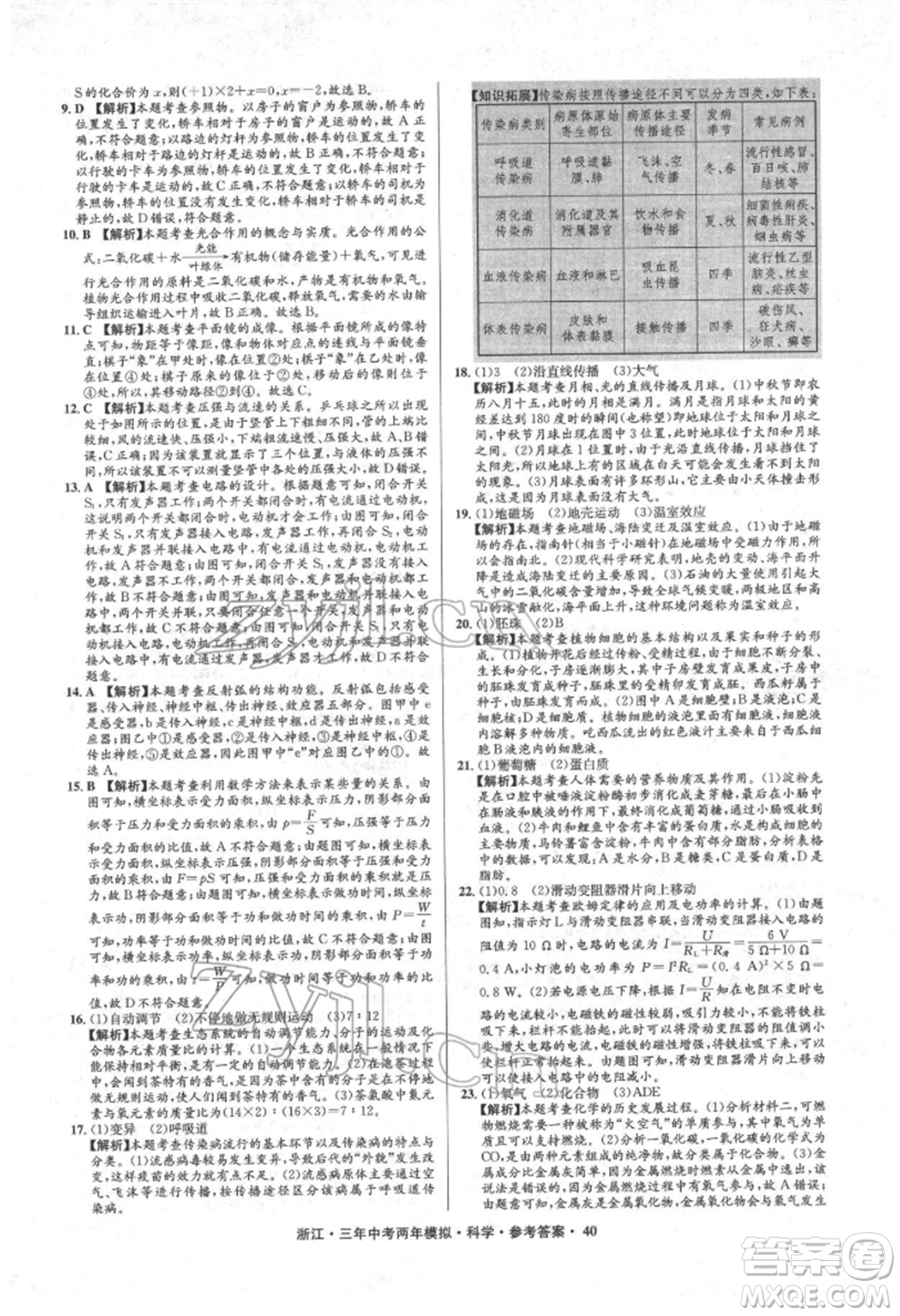 陽光出版社2022年3年中考2年模擬科學(xué)通用版浙江專版參考答案