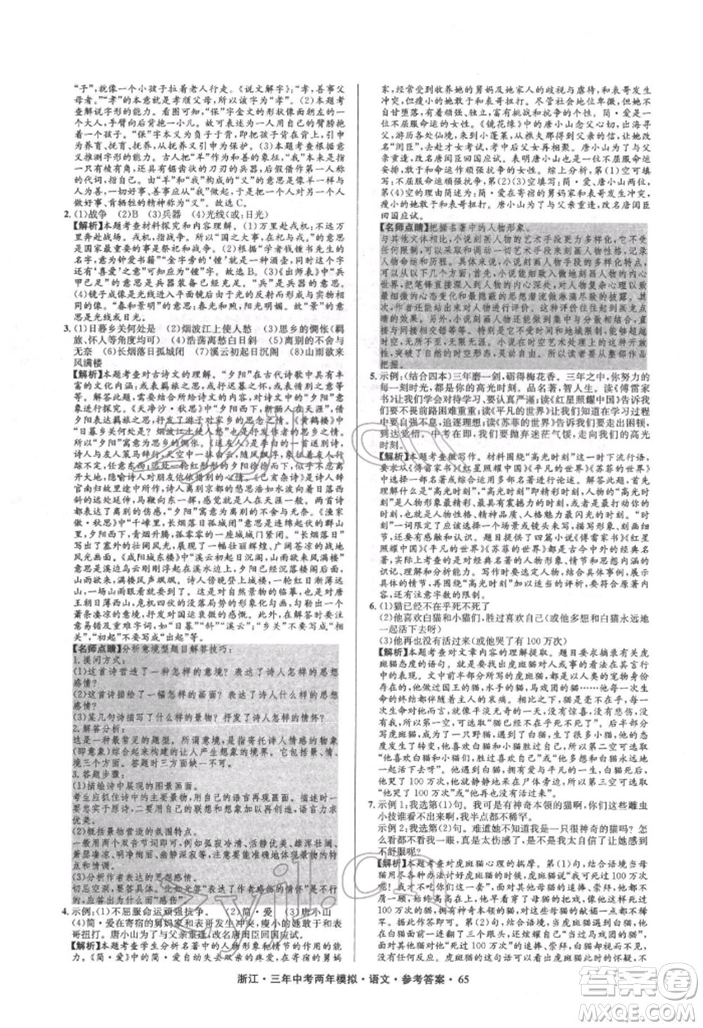 陽光出版社2022年3年中考2年模擬語文人教版浙江專版參考答案