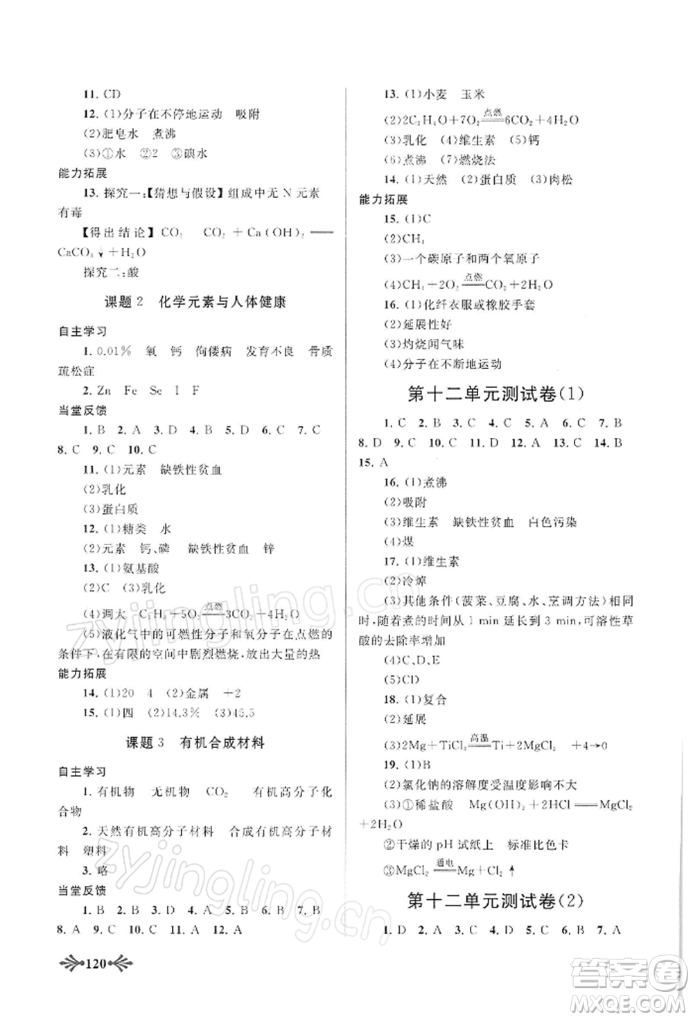 黃山書社2022自主學(xué)習(xí)當(dāng)堂反饋九年級下冊化學(xué)人教版參考答案