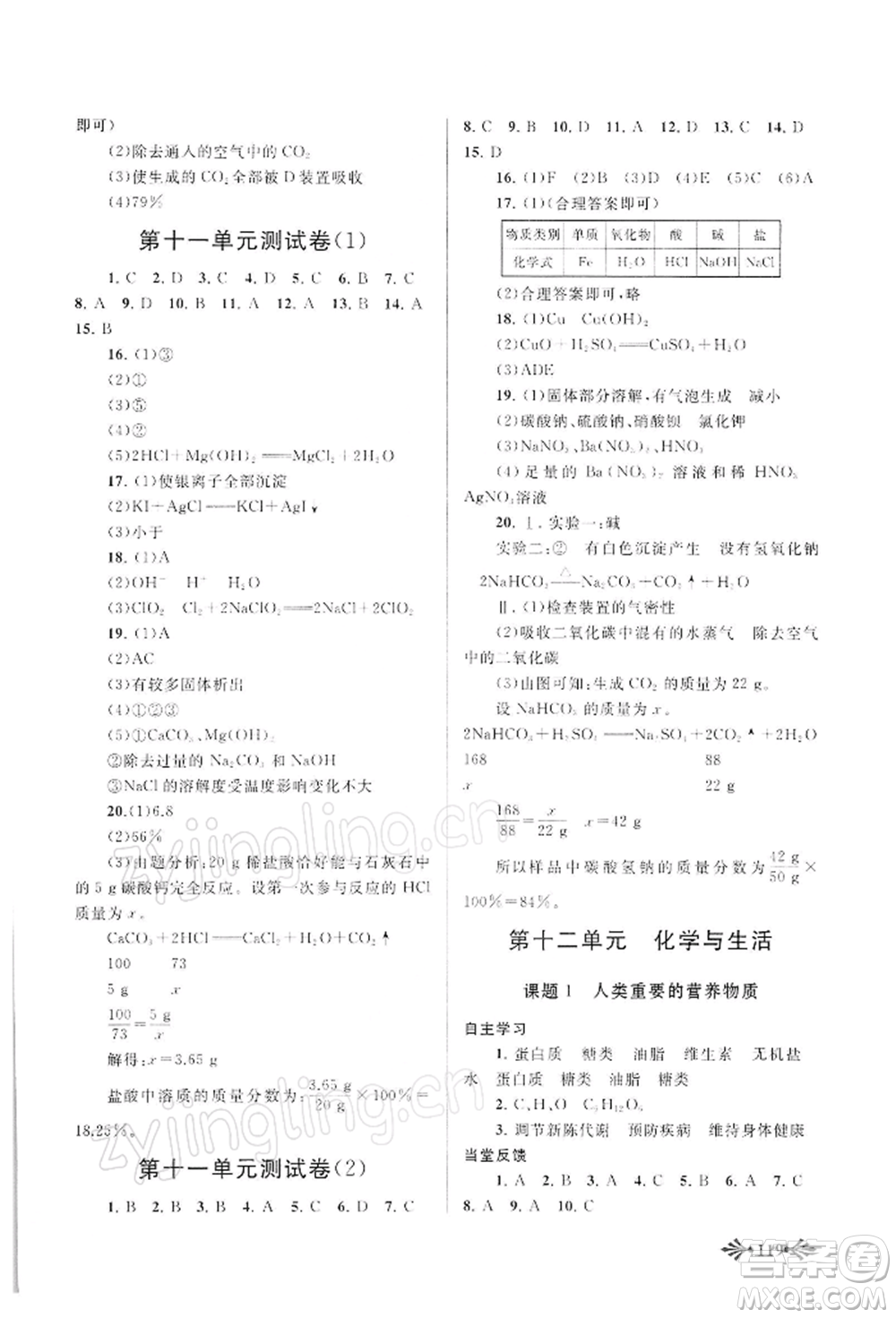 黃山書社2022自主學(xué)習(xí)當(dāng)堂反饋九年級下冊化學(xué)人教版參考答案