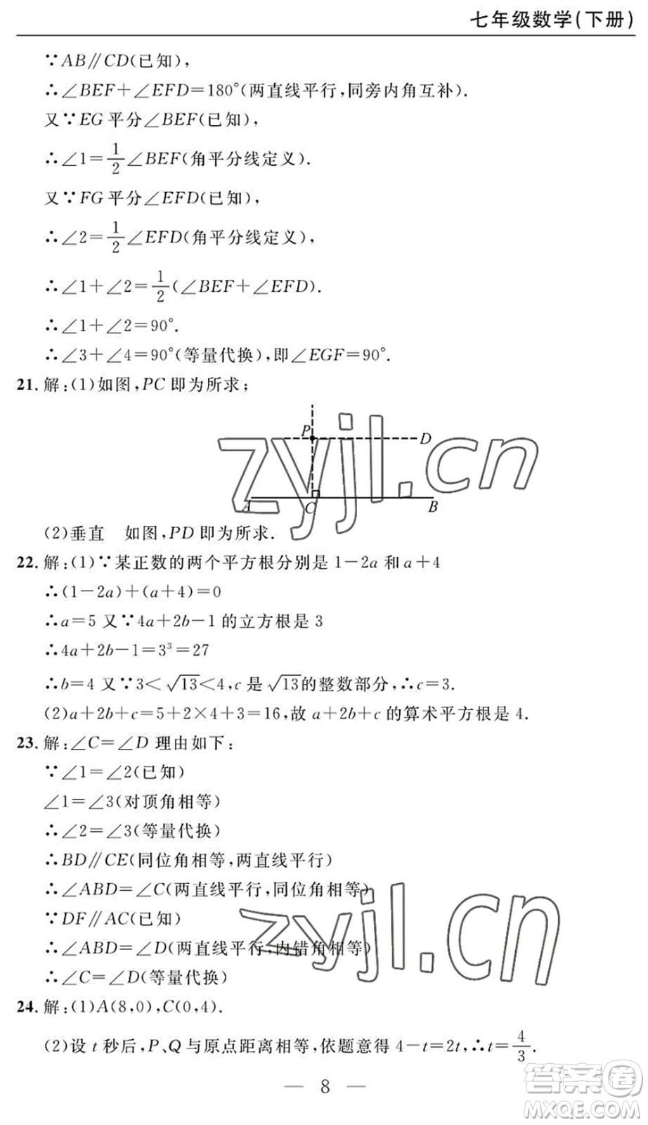 長(zhǎng)江少年兒童出版社2022智慧課堂自主評(píng)價(jià)七年級(jí)數(shù)學(xué)下冊(cè)通用版答案