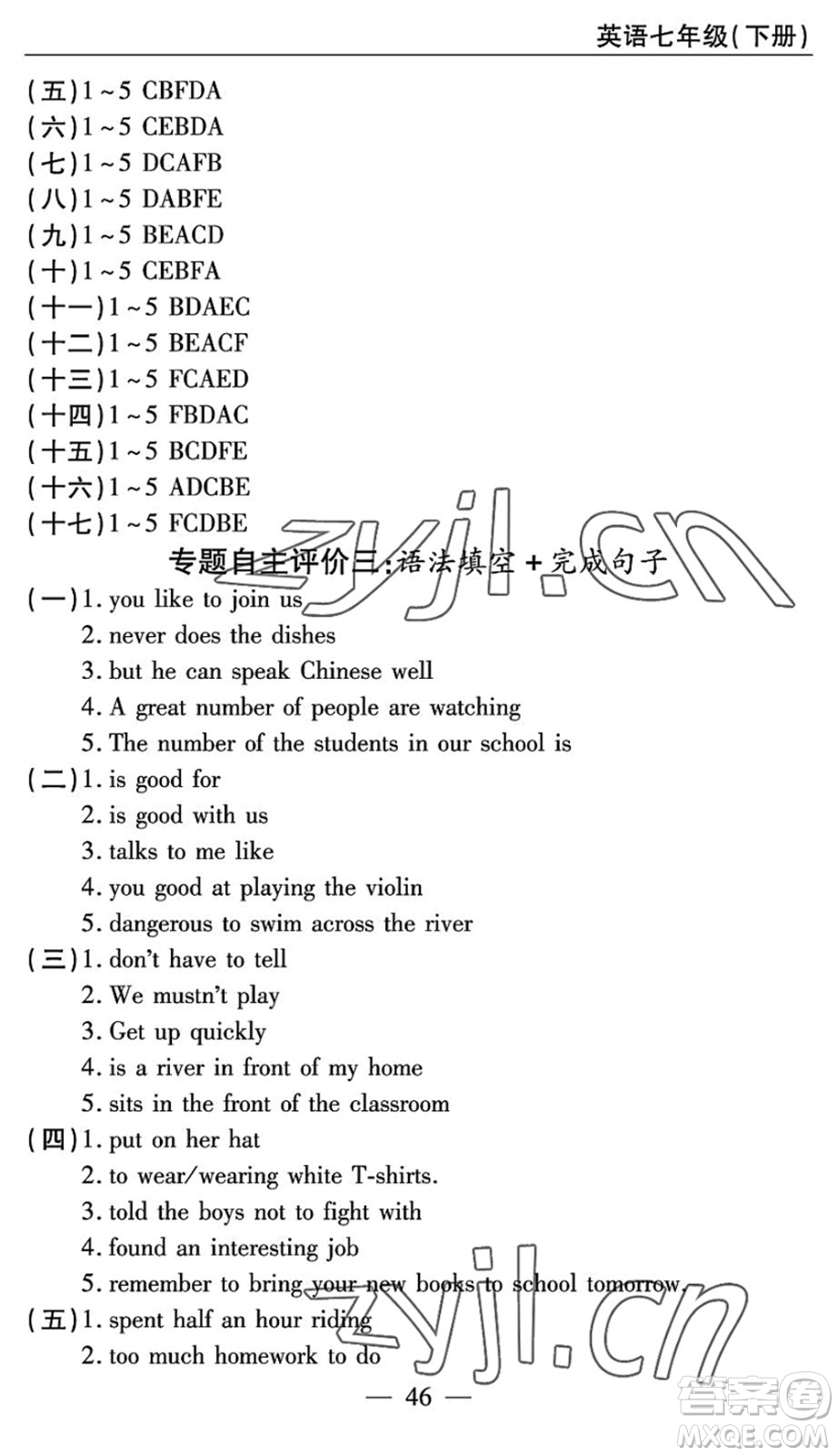 長江少年兒童出版社2022智慧課堂自主評(píng)價(jià)七年級(jí)英語下冊(cè)通用版答案