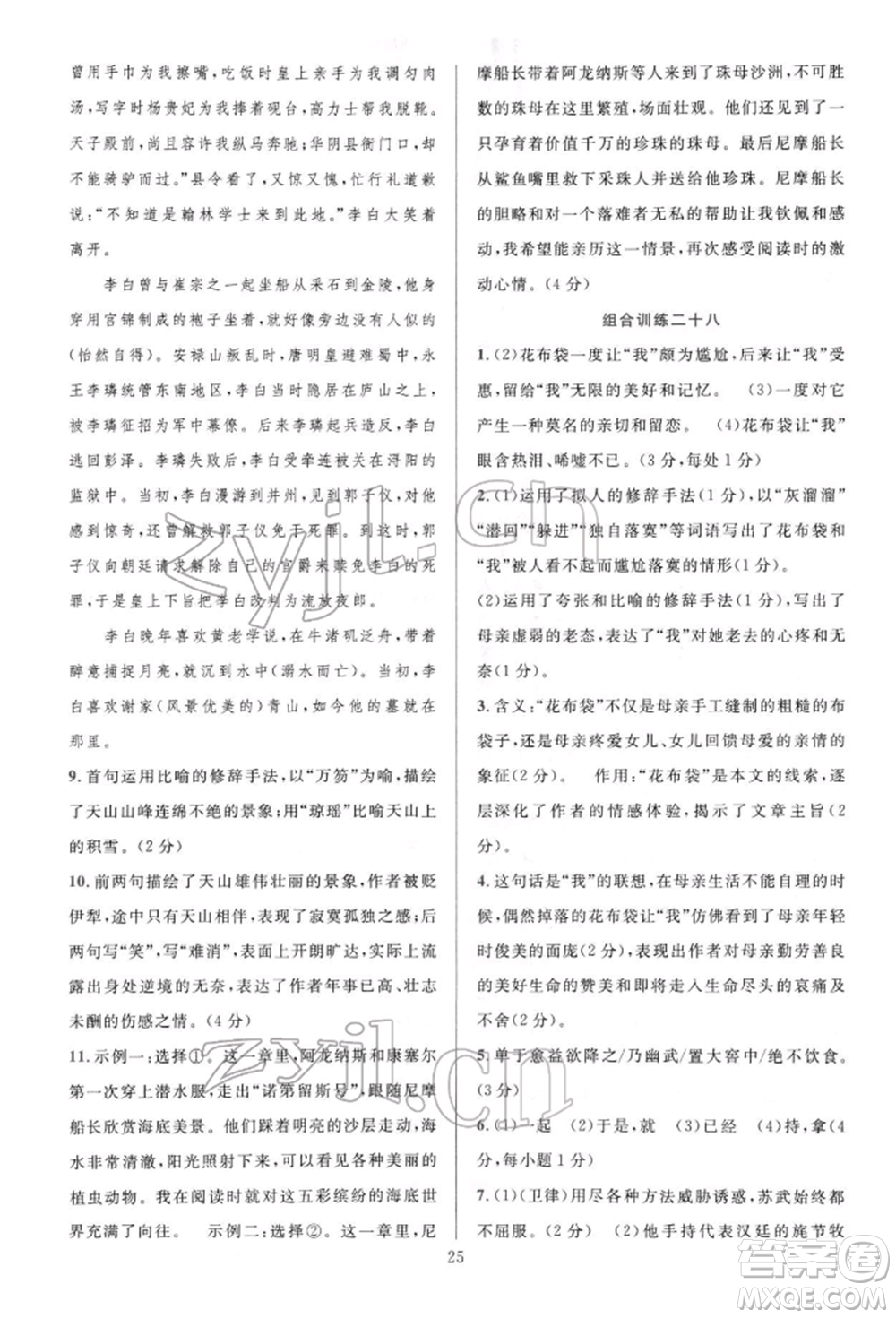 華東師范大學(xué)出版社2022全優(yōu)方案組合訓(xùn)練七年級(jí)下冊(cè)語文閱讀篇人教版參考答案