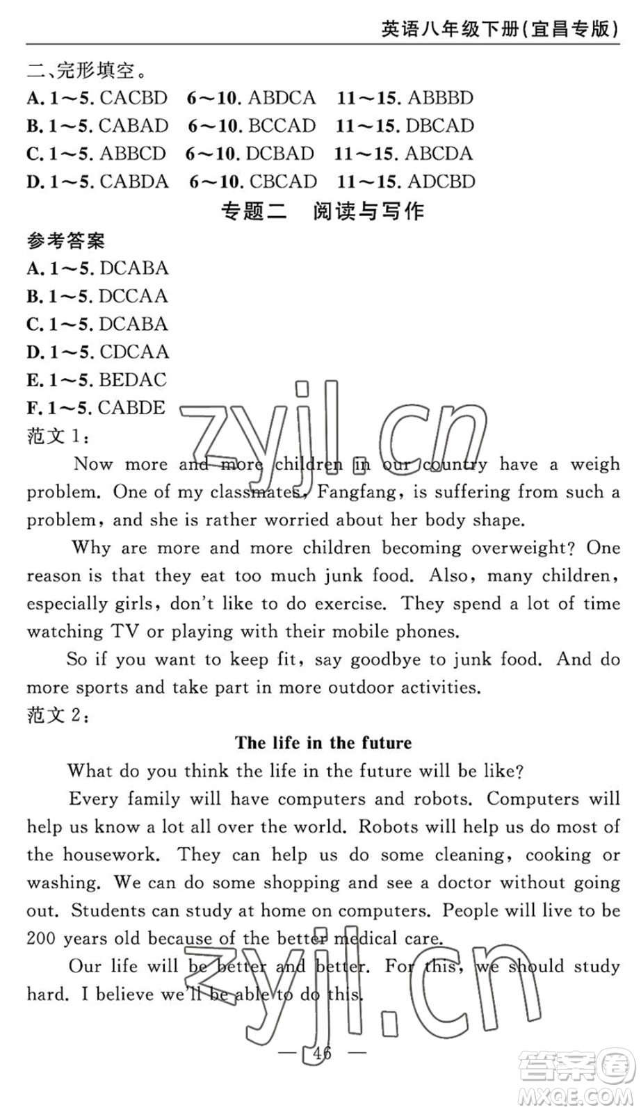 長江少年兒童出版社2022智慧課堂自主評價八年級英語下冊通用版宜昌專版答案