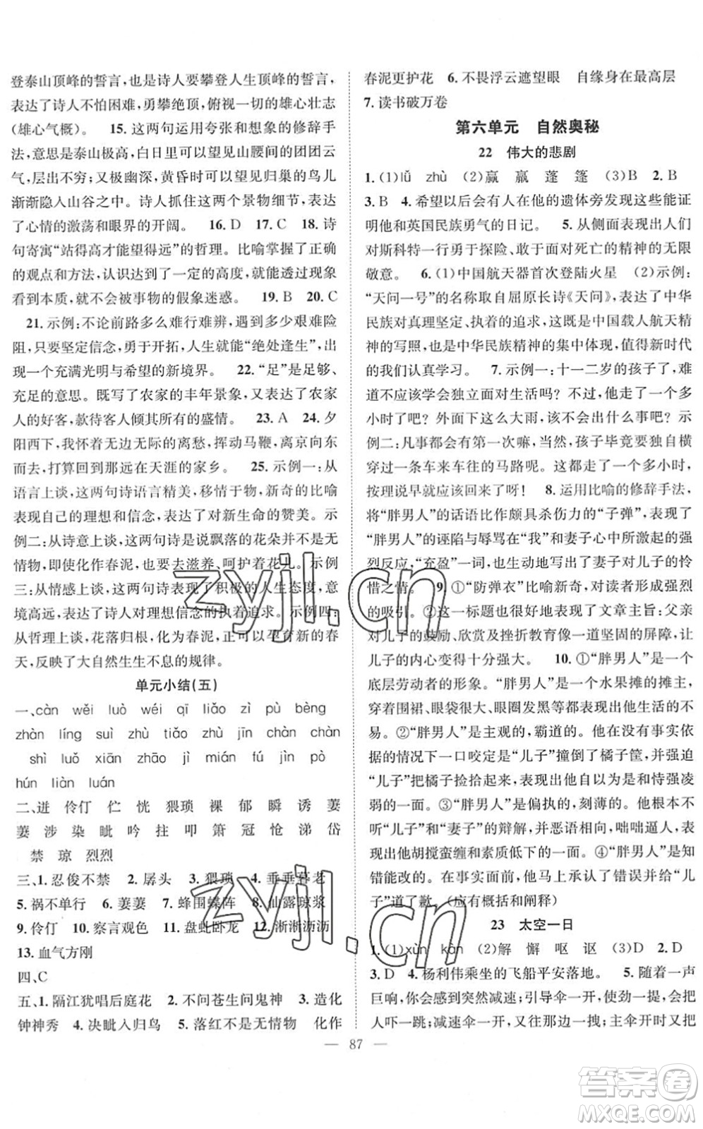 長江少年兒童出版社2022智慧課堂創(chuàng)新作業(yè)七年級語文下冊人教版答案