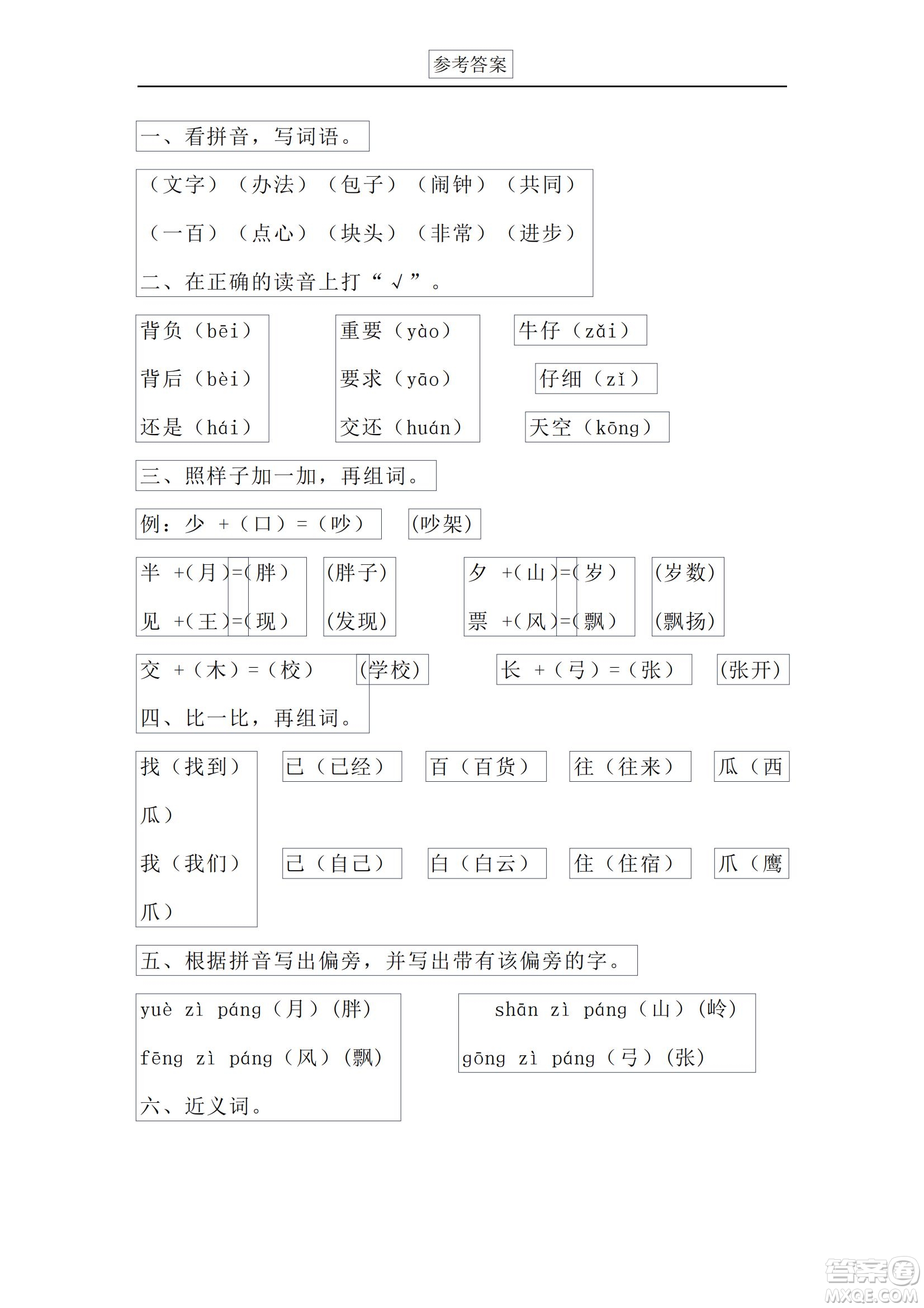 2022部編版一年級(jí)語(yǔ)文下冊(cè)第七單元基礎(chǔ)知識(shí)復(fù)習(xí)卷試題及答案