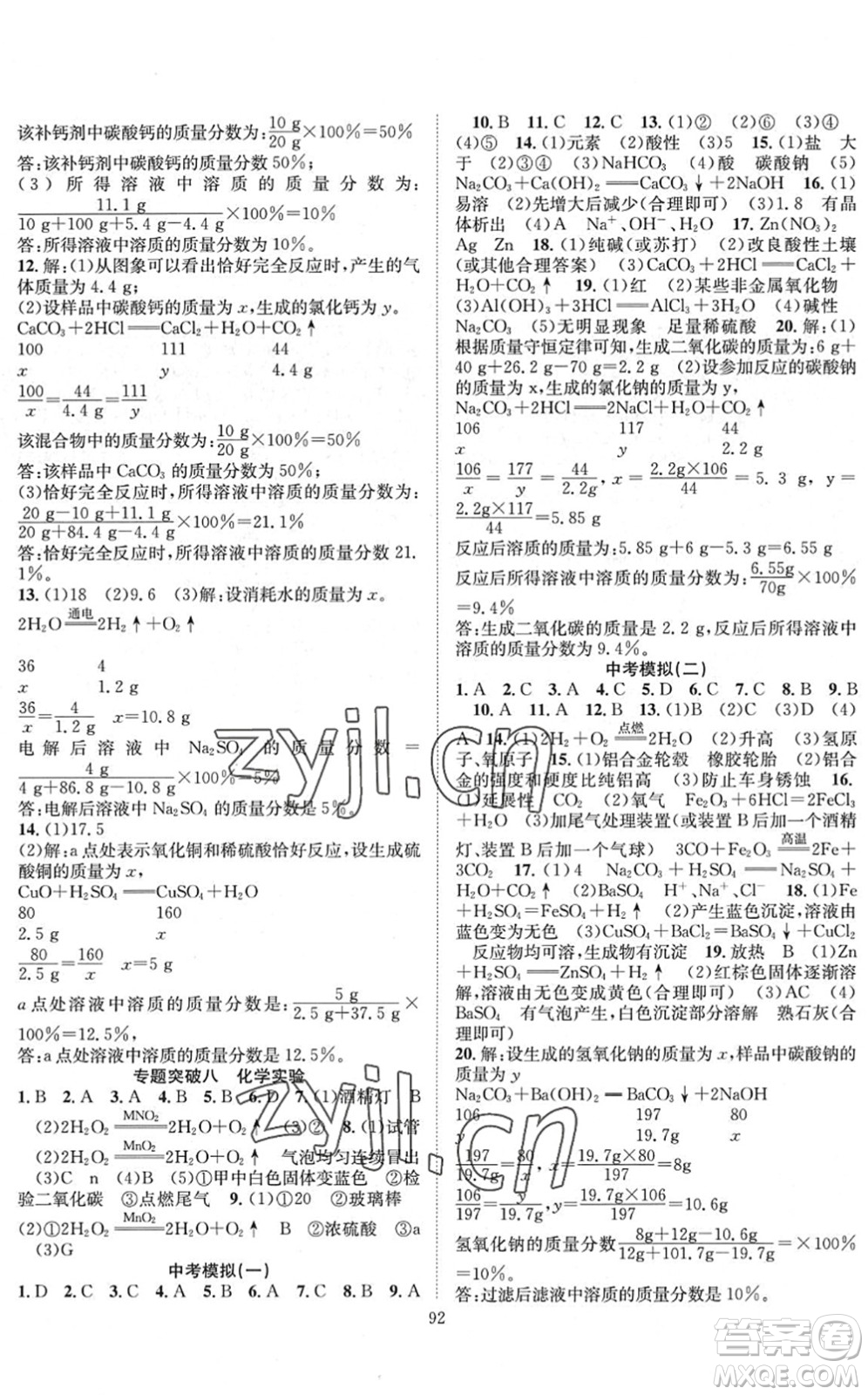 長江少年兒童出版社2022智慧課堂創(chuàng)新作業(yè)九年級化學下冊人教版答案