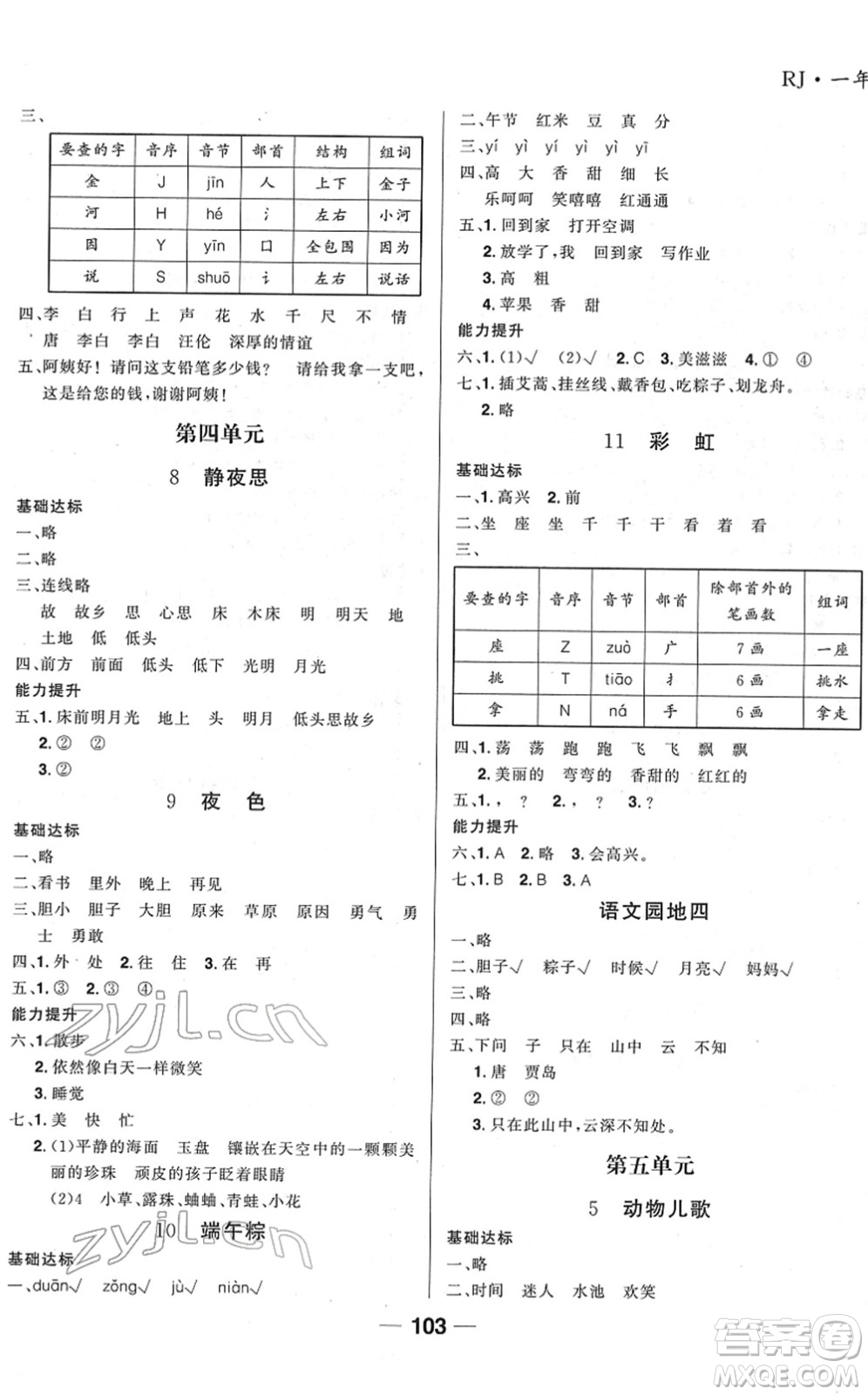 吉林教育出版社2022全優(yōu)學習達標訓練一年級語文下冊RJ人教版答案