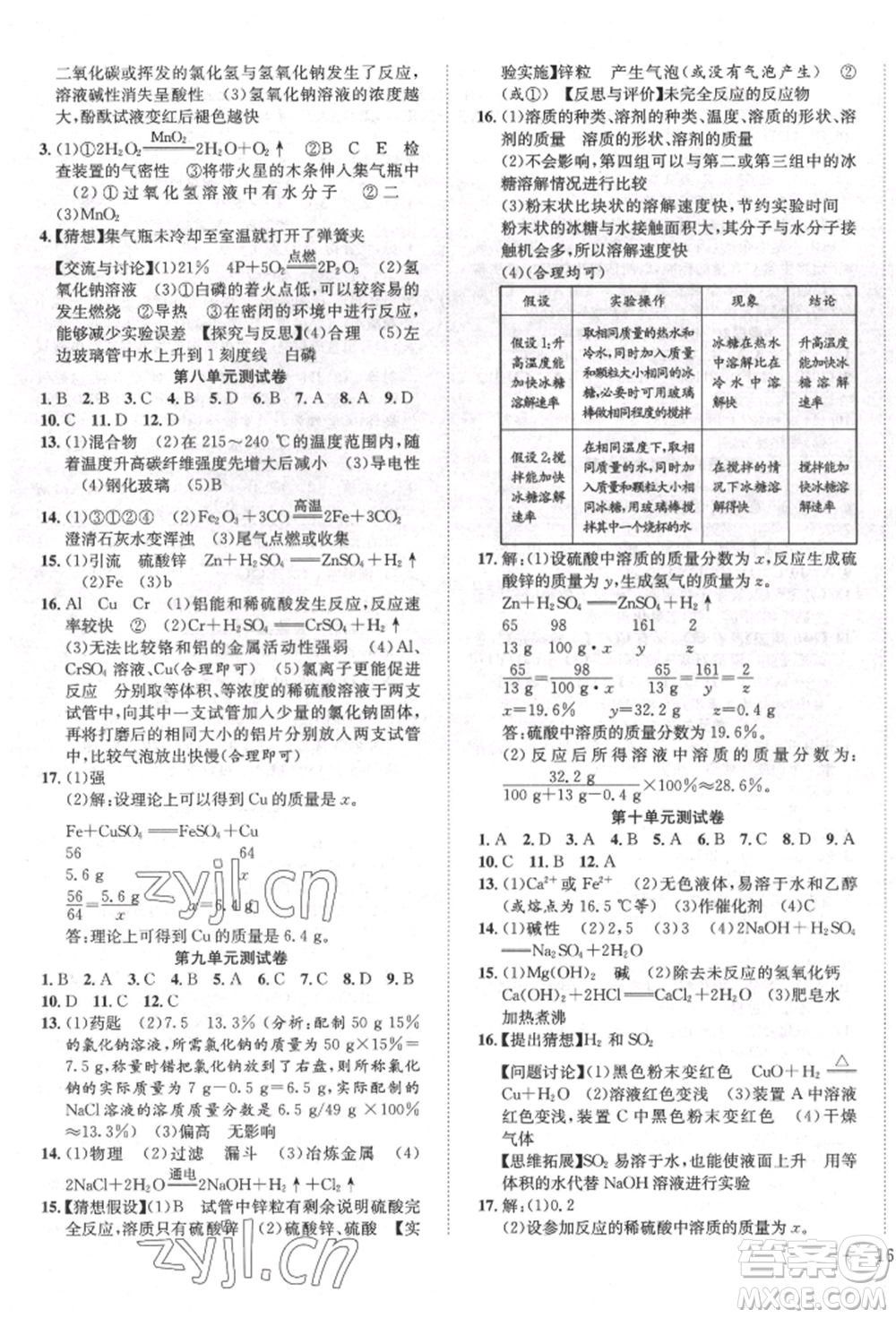 團結(jié)出版社2022體驗型學(xué)案九年級下冊化學(xué)通用版參考答案