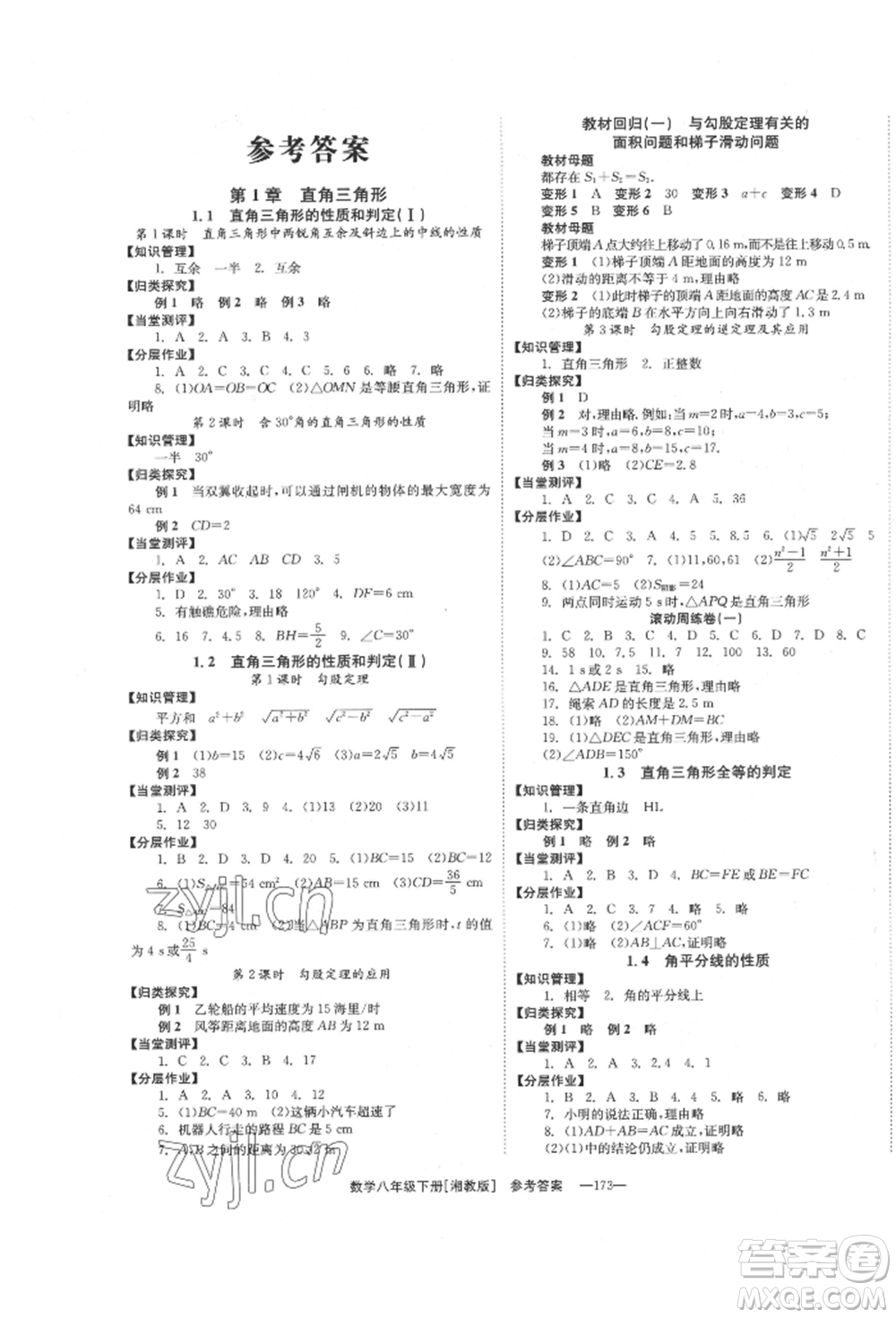 湖南教育出版社2022全效學(xué)習(xí)同步學(xué)練測(cè)八年級(jí)下冊(cè)數(shù)學(xué)湘教版參考答案