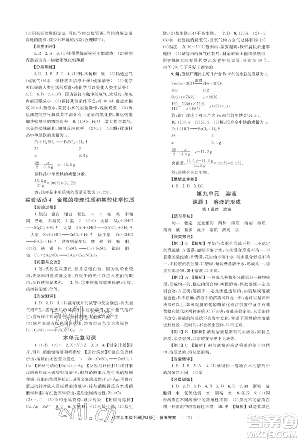 湖南教育出版社2022全效學(xué)習(xí)同步學(xué)練測(cè)九年級(jí)下冊(cè)化學(xué)人教版參考答案