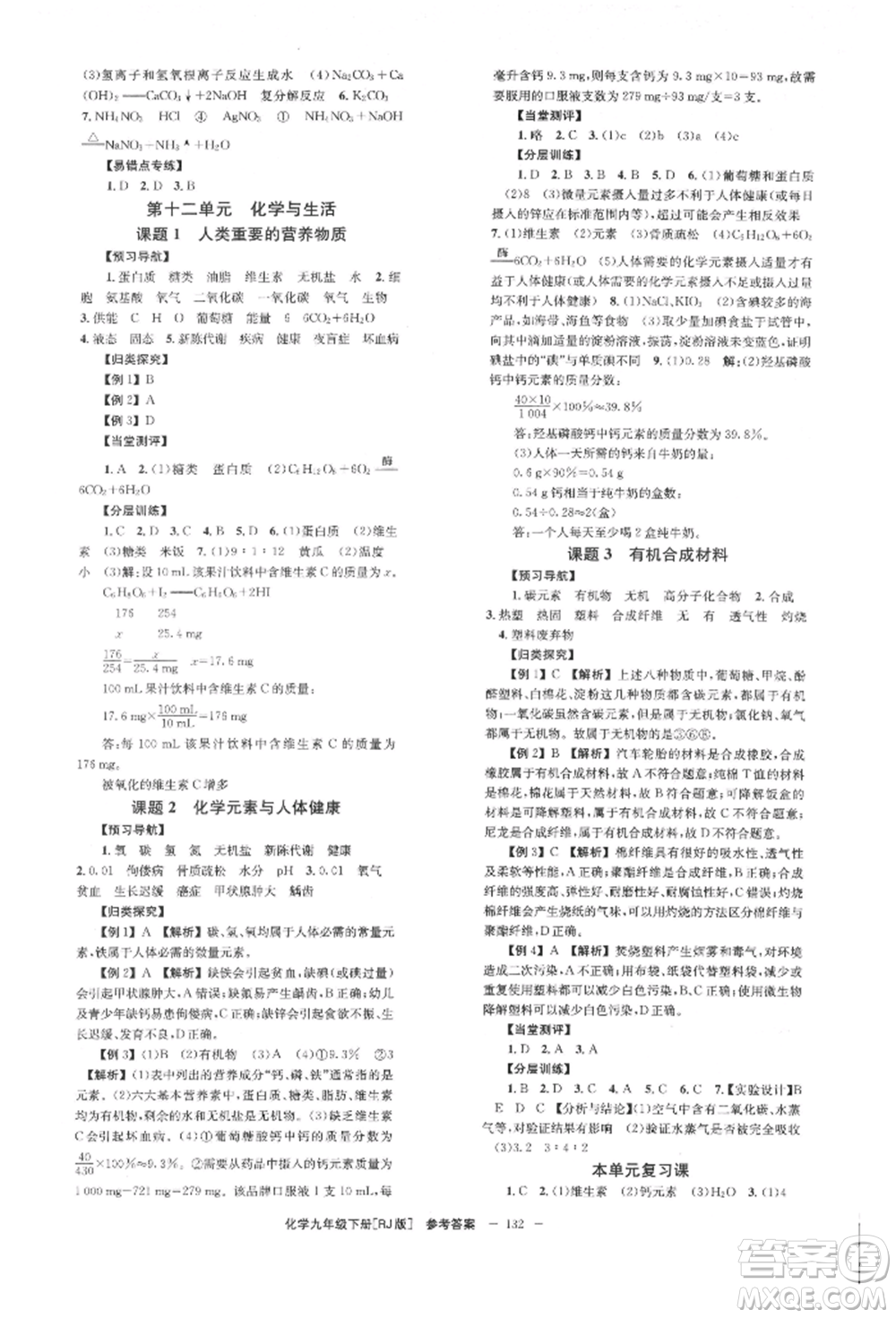 湖南教育出版社2022全效學(xué)習(xí)同步學(xué)練測(cè)九年級(jí)下冊(cè)化學(xué)人教版參考答案