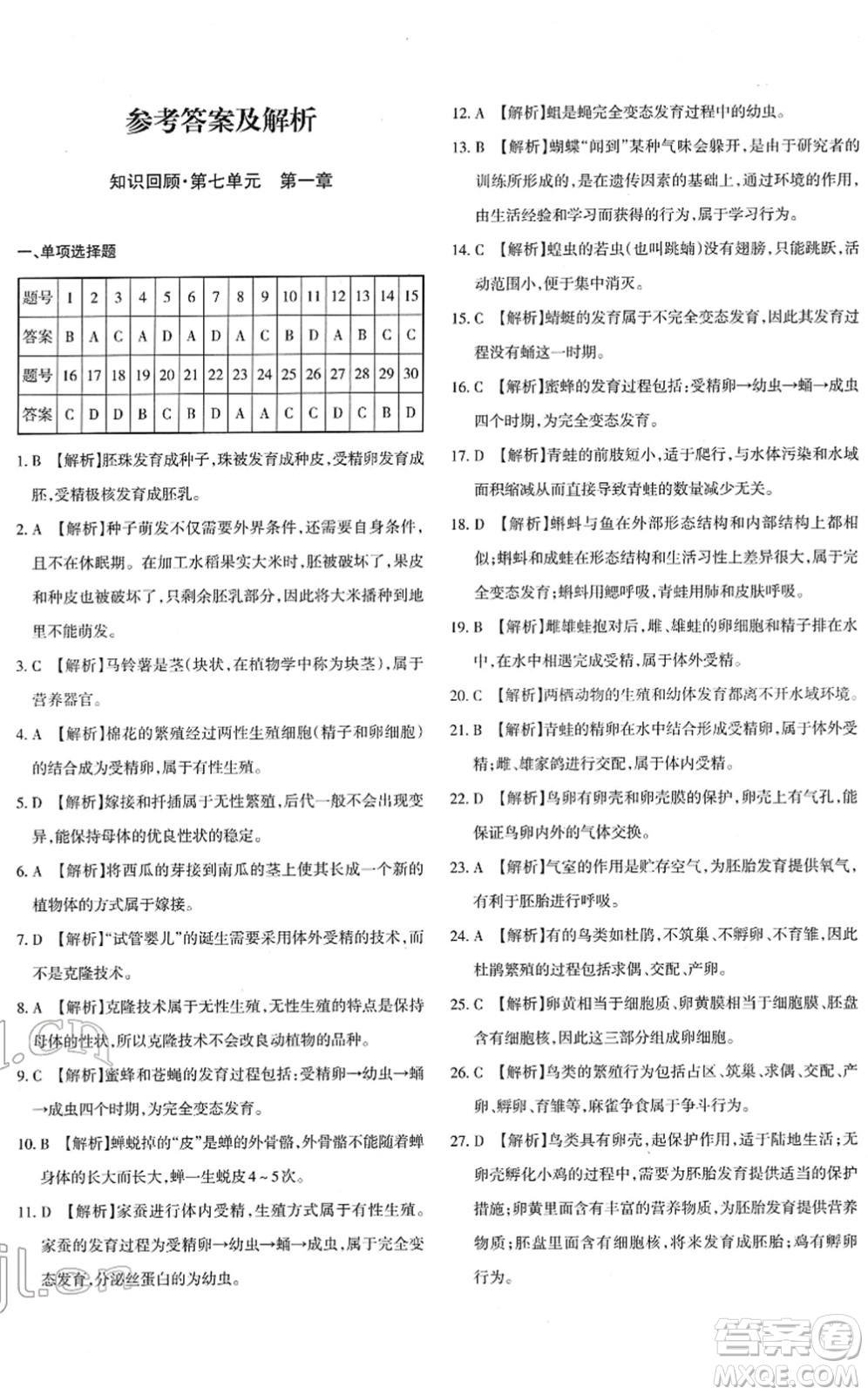 新疆青少年出版社2022優(yōu)學(xué)1+1評(píng)價(jià)與測(cè)試八年級(jí)生物下冊(cè)人教版答案