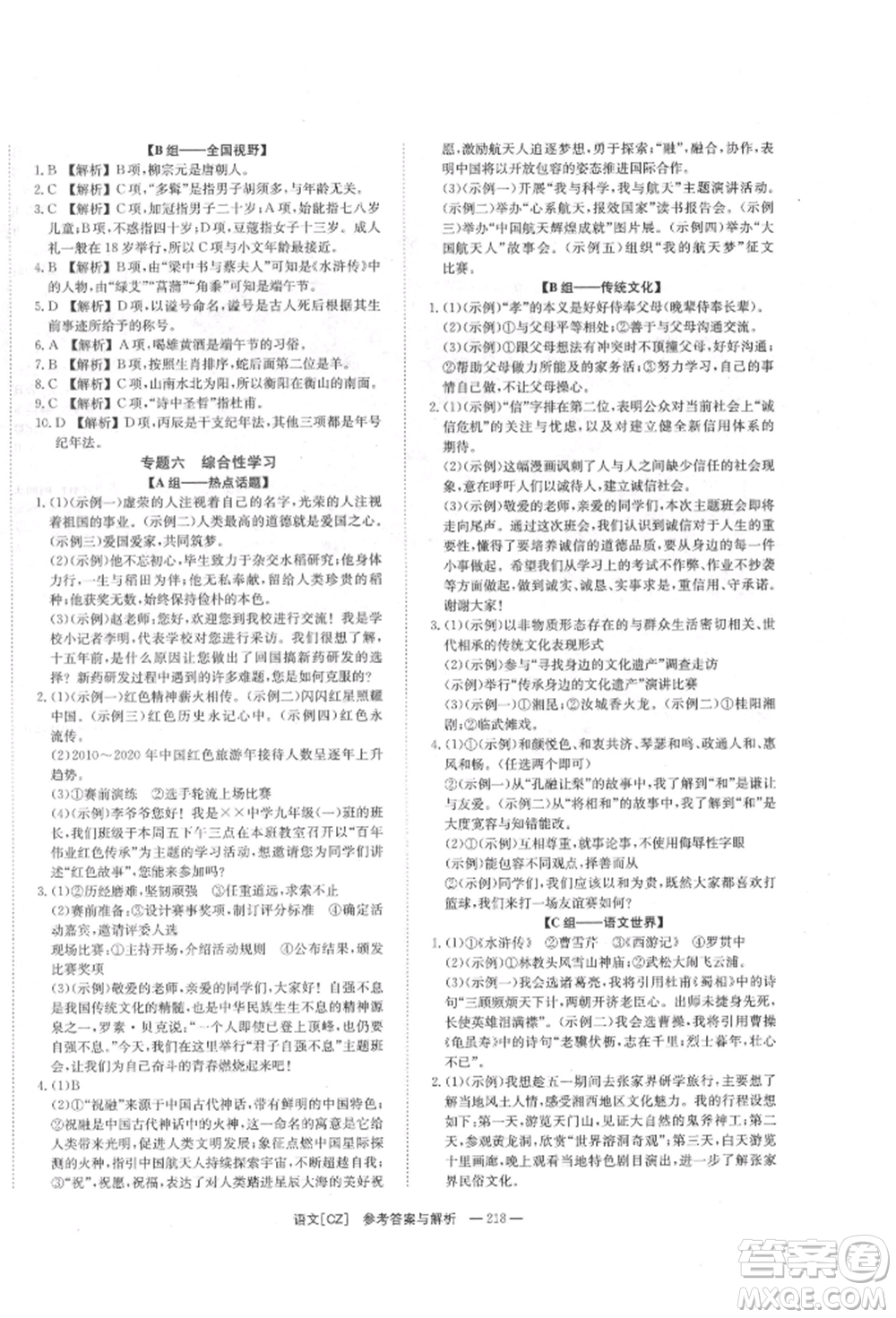 湖南師范大學(xué)出版社2022全效學(xué)習(xí)中考學(xué)練測聽課講義語文人教版郴州專版參考答案