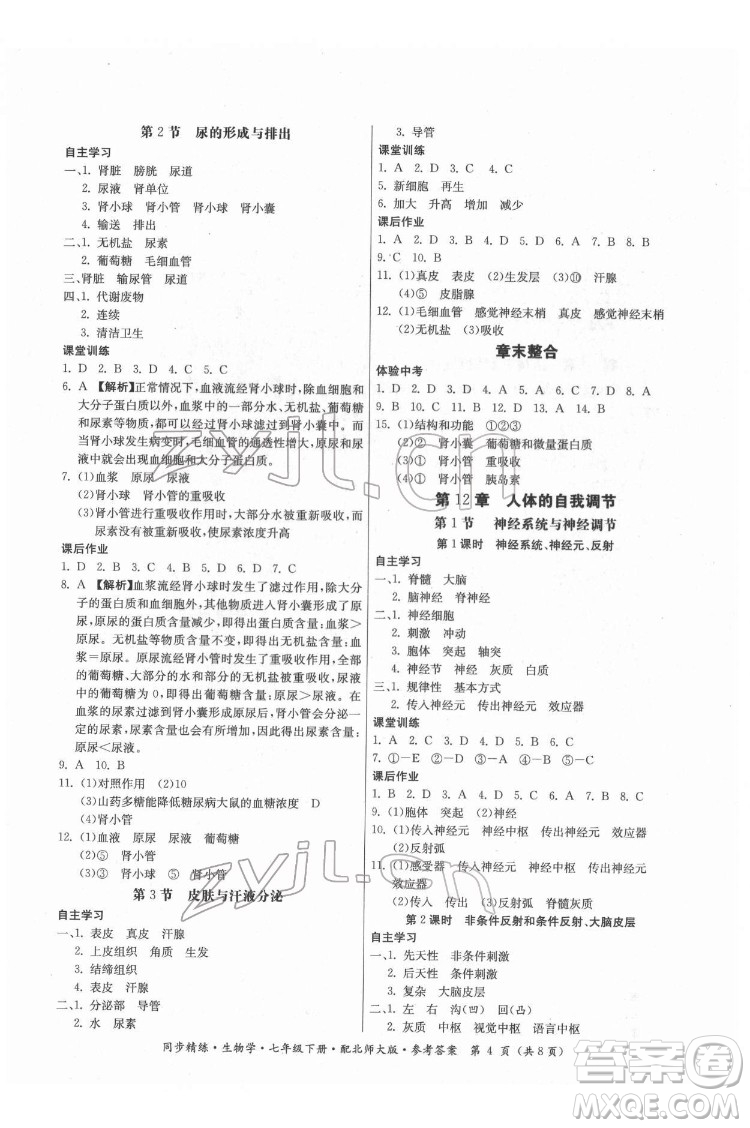 廣東人民出版社2022同步精練生物學(xué)七年級下冊北師大版答案