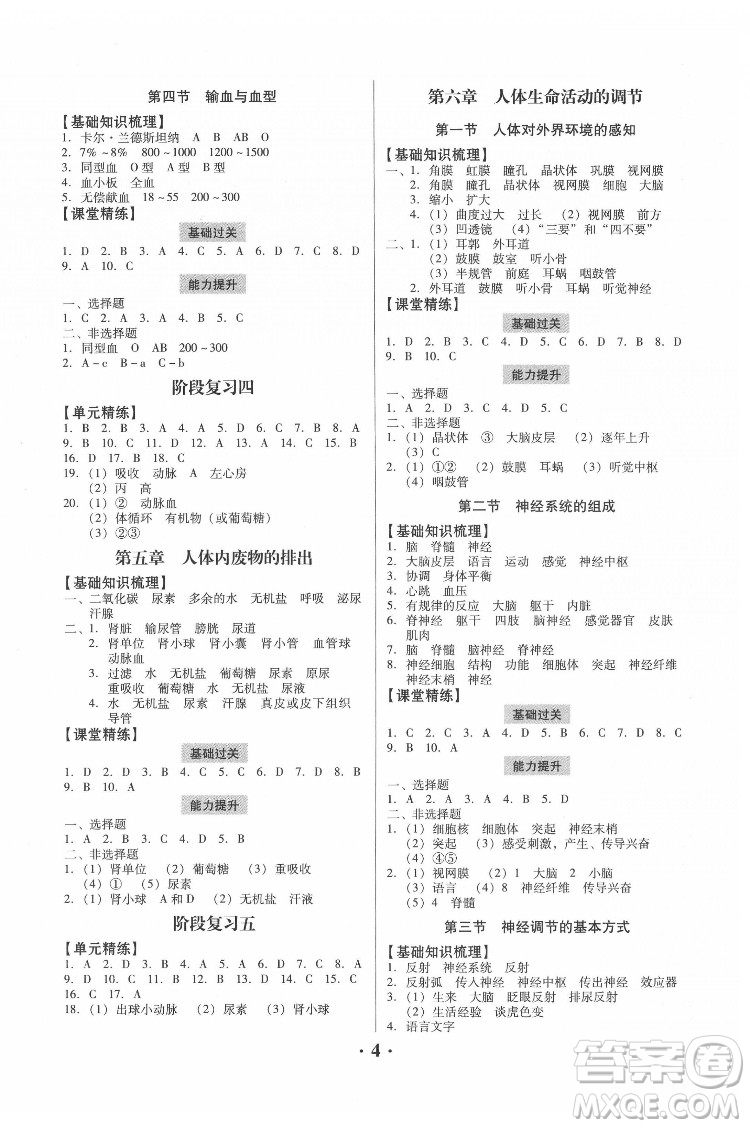 廣東人民出版社2022同步精練生物學(xué)七年級(jí)下冊(cè)人教版東莞專(zhuān)版答案