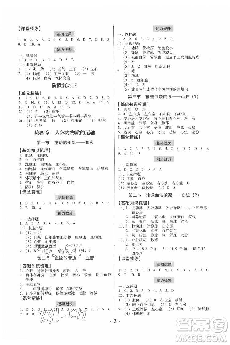 廣東人民出版社2022同步精練生物學(xué)七年級(jí)下冊(cè)人教版東莞專(zhuān)版答案