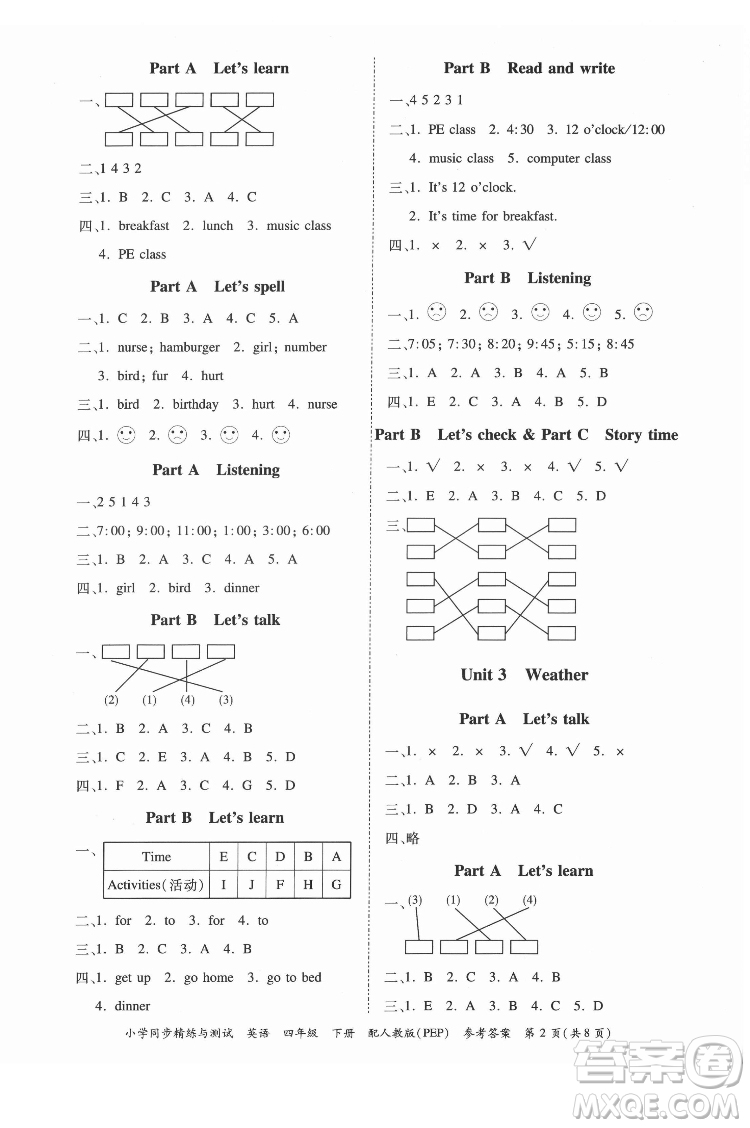 廣東教育出版社2022小學(xué)同步精練與測(cè)試英語(yǔ)四年級(jí)下冊(cè)人教版答案