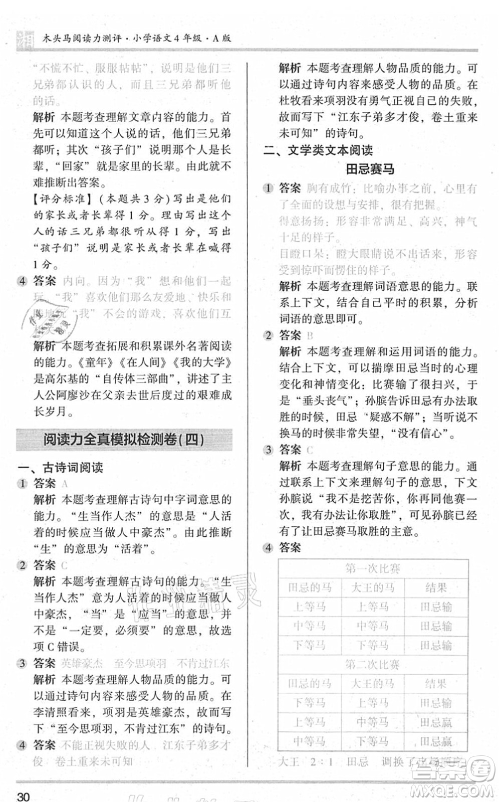 江蘇鳳凰文藝出版社2022木頭馬閱讀力測(cè)評(píng)四年級(jí)語(yǔ)文A版湖南專版答案