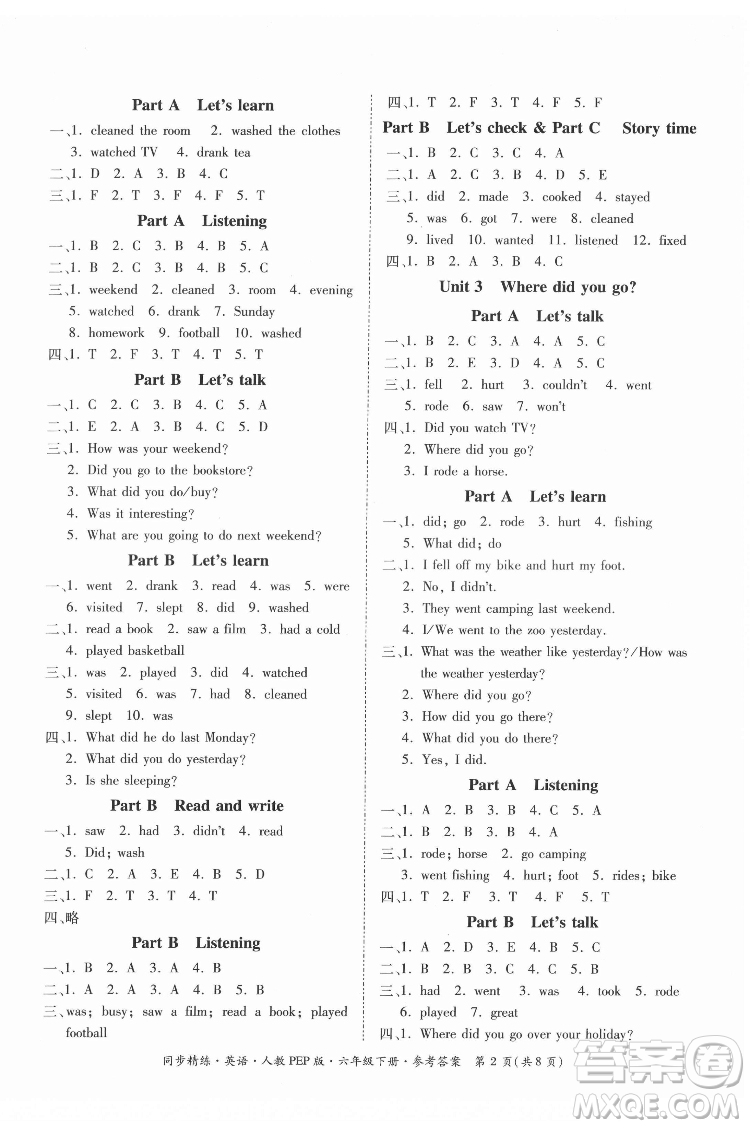 廣東教育出版社2022小學(xué)同步精練與測試英語六年級下冊人教版答案