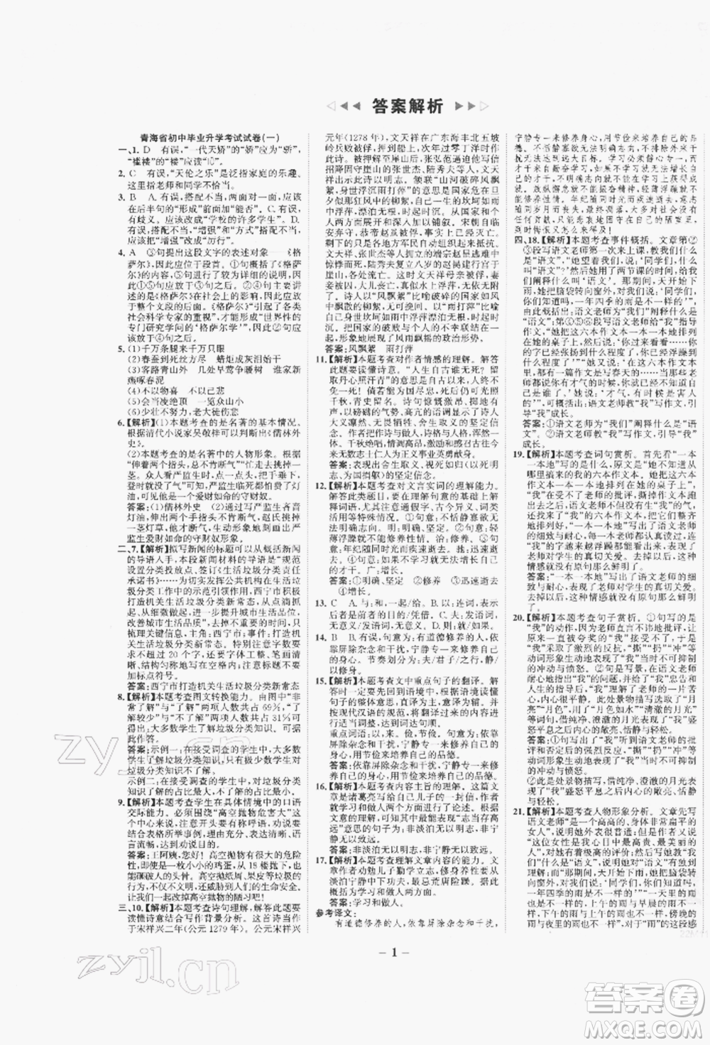 未來出版社2022世紀金榜初中全程復習方略語文人教版青海專版參考答案