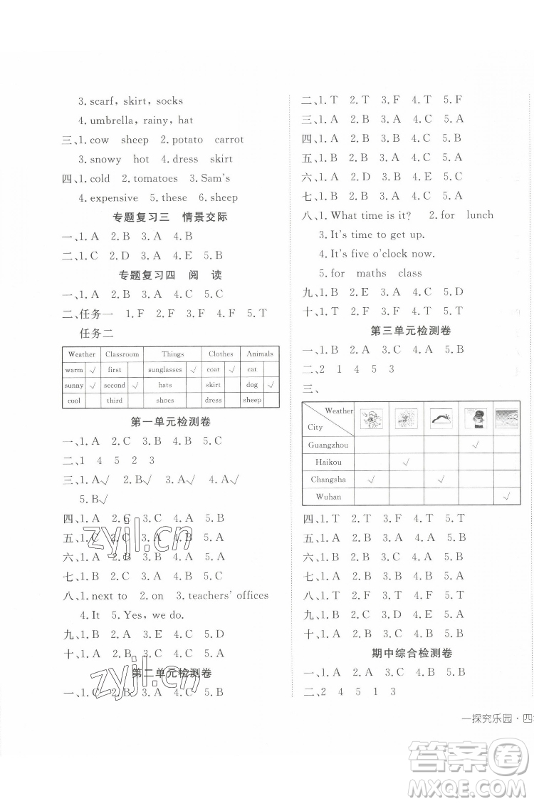 武漢出版社2022探究樂園英語四年級(jí)下冊(cè)PEP人教版答案