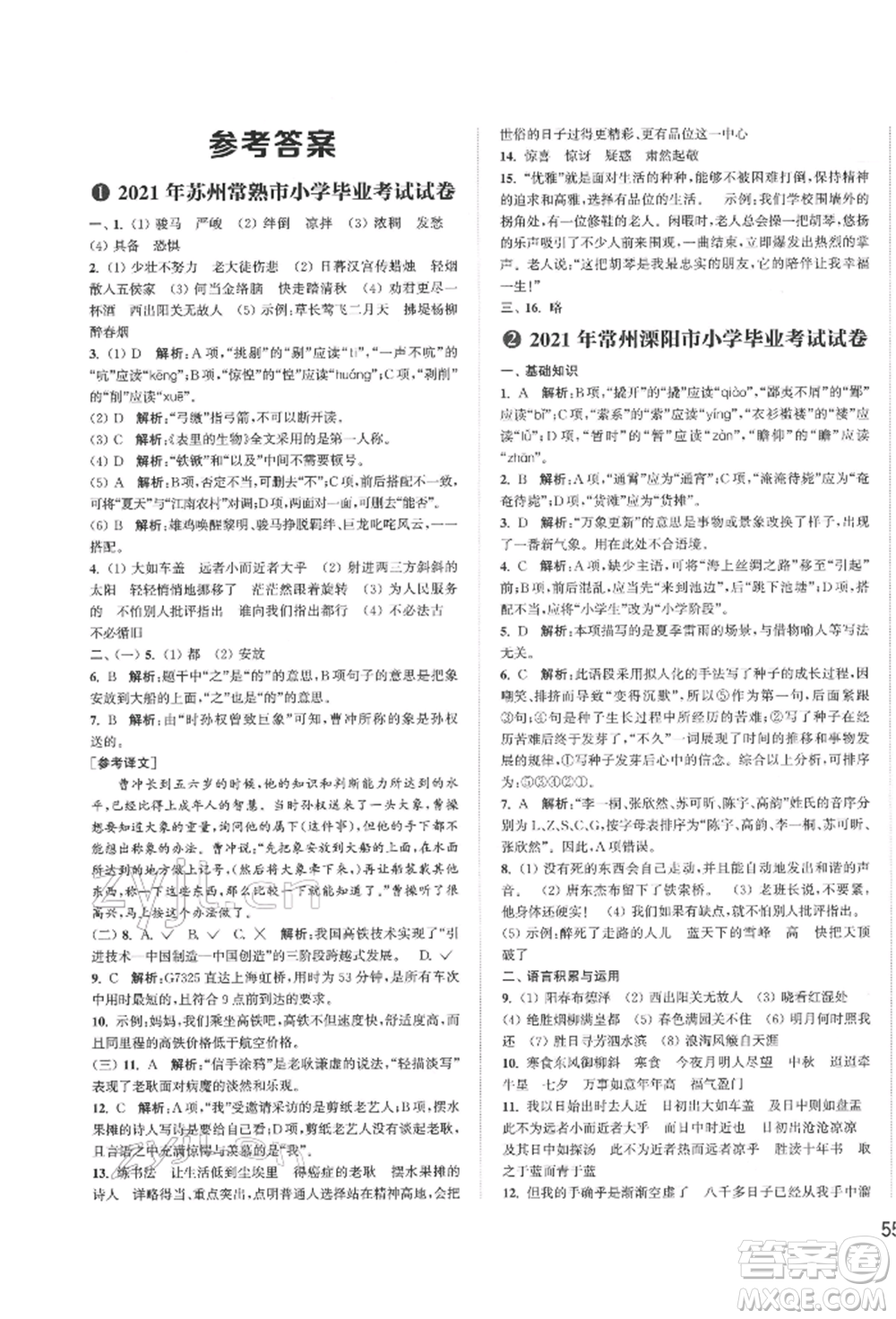 福建少年兒童出版社2022小學(xué)畢業(yè)考試試卷精編語(yǔ)文通用版江蘇專版參考答案