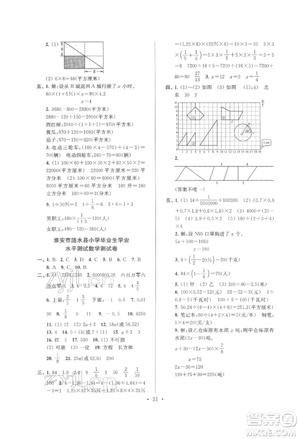 江蘇鳳凰少年兒童出版社2022自主創(chuàng)新作業(yè)小學(xué)畢業(yè)總復(fù)習(xí)一本通數(shù)學(xué)通用版淮安專(zhuān)版參考答案