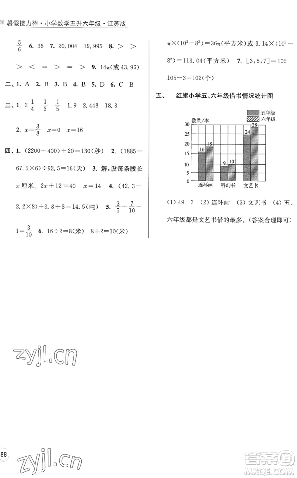 江蘇鳳凰美術(shù)出版社2022暑假接力棒小學(xué)數(shù)學(xué)五升六年級(jí)江蘇版答案