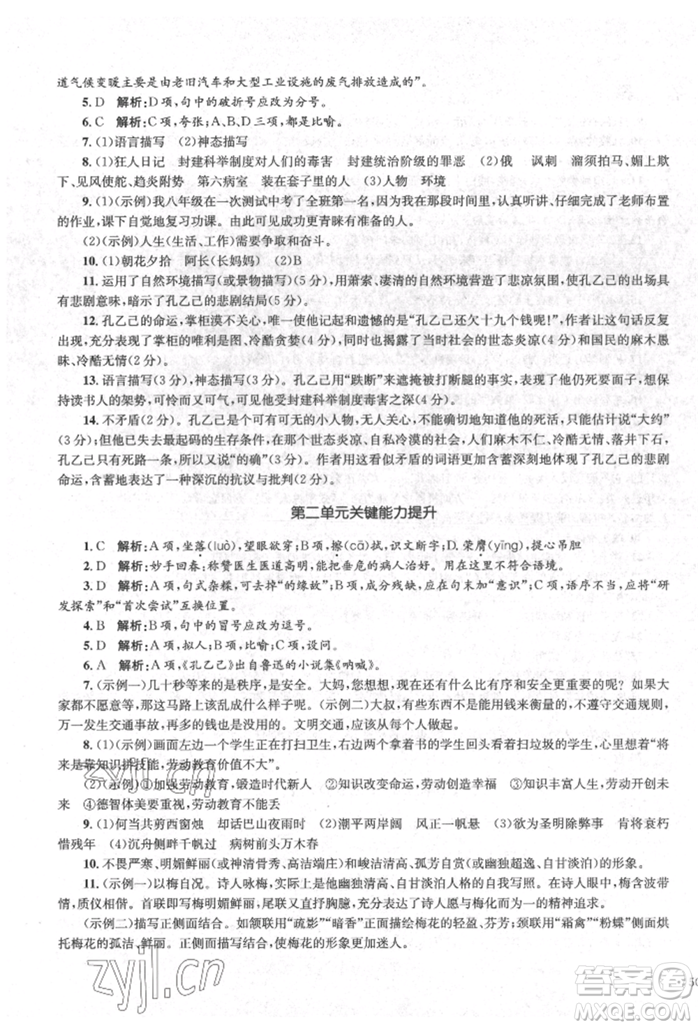 湖南教育出版社2022學(xué)科素養(yǎng)與能力提升九年級(jí)下冊語文人教版參考答案